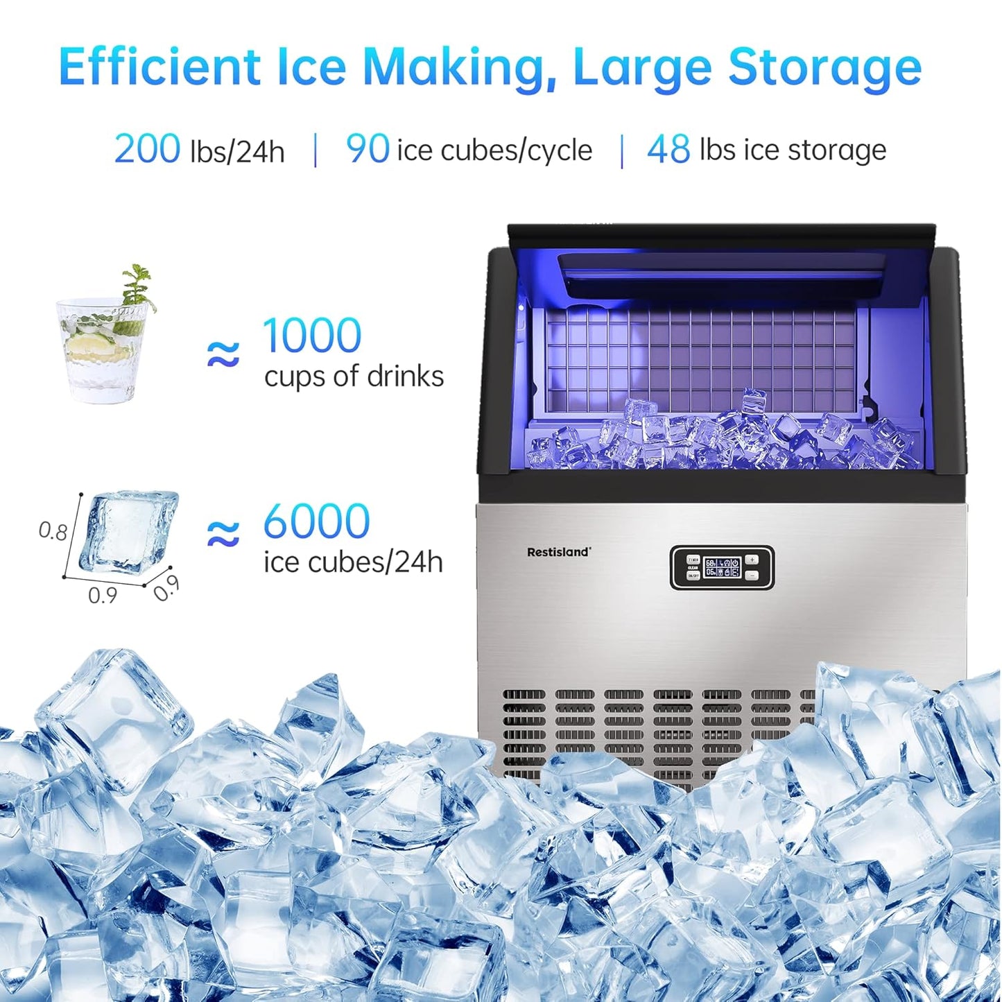 Commercial Ice Maker Machine, 200 lbs/24 Hours, 48 lbs Storage Bin, Stainless Steel, Blue Light, Freestanding, Great for Home or Business, Includes Ice Scoop, Connecting Hose