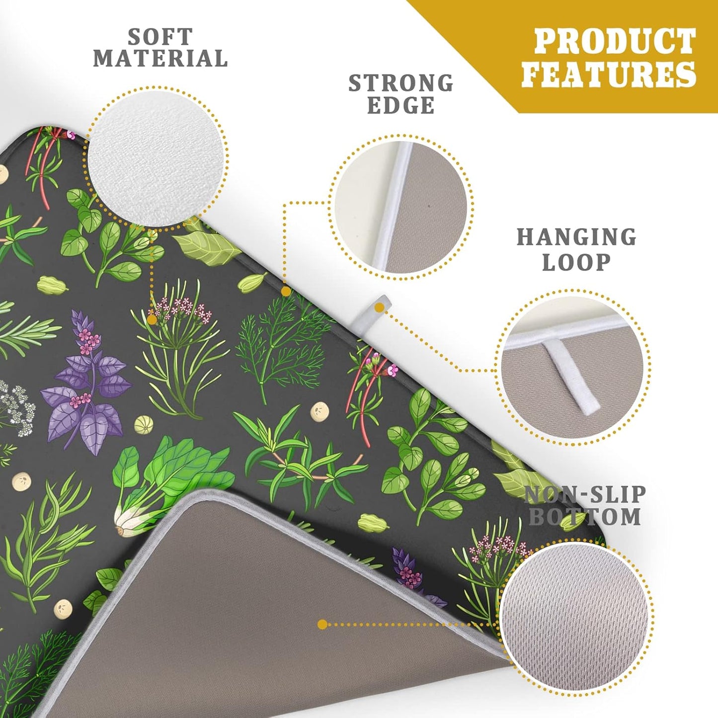 Herbs Dish Drying Mat for Kitchen Counter 18 X 24 Inch Microfiber Absorbent Dish Draining Mats Extra Large Green Plant