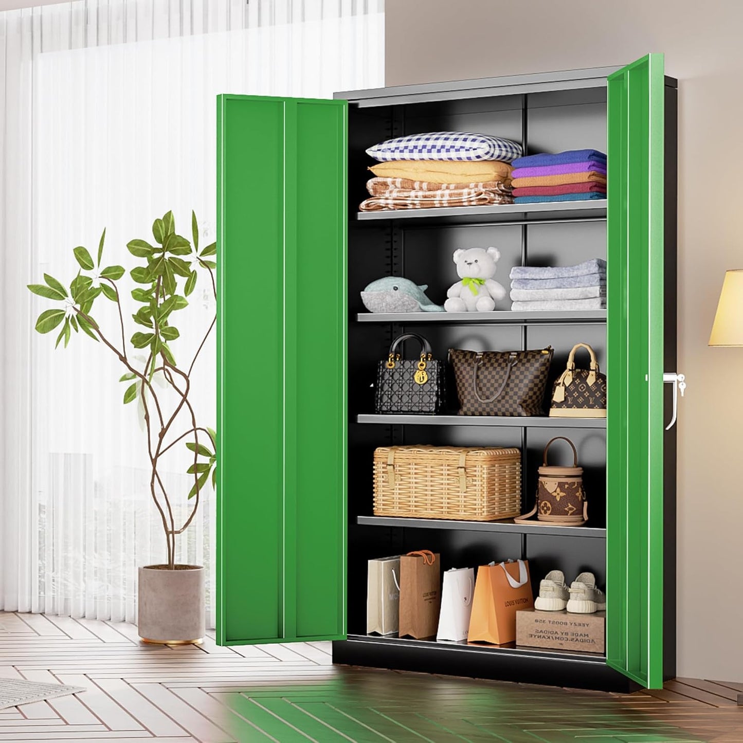 INTERGREAT Storage Cabinet, 72” Steel Locking Closet with Doors and 4 Adjustable Shelves, Tool Unit for Home Office, Garage & Tall Lockable File Cabinet, Black Green.