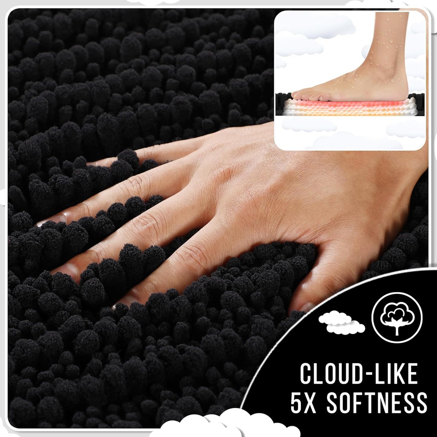 Yimobra Long Bathroom Rugs Non Slip Washable 44x24 Inch - Ultra Soft Absorbent Chenille Bath Mat, Quick Dry Shaggy Floor Carpet for Tub Shower, Black Home Decor Accessories