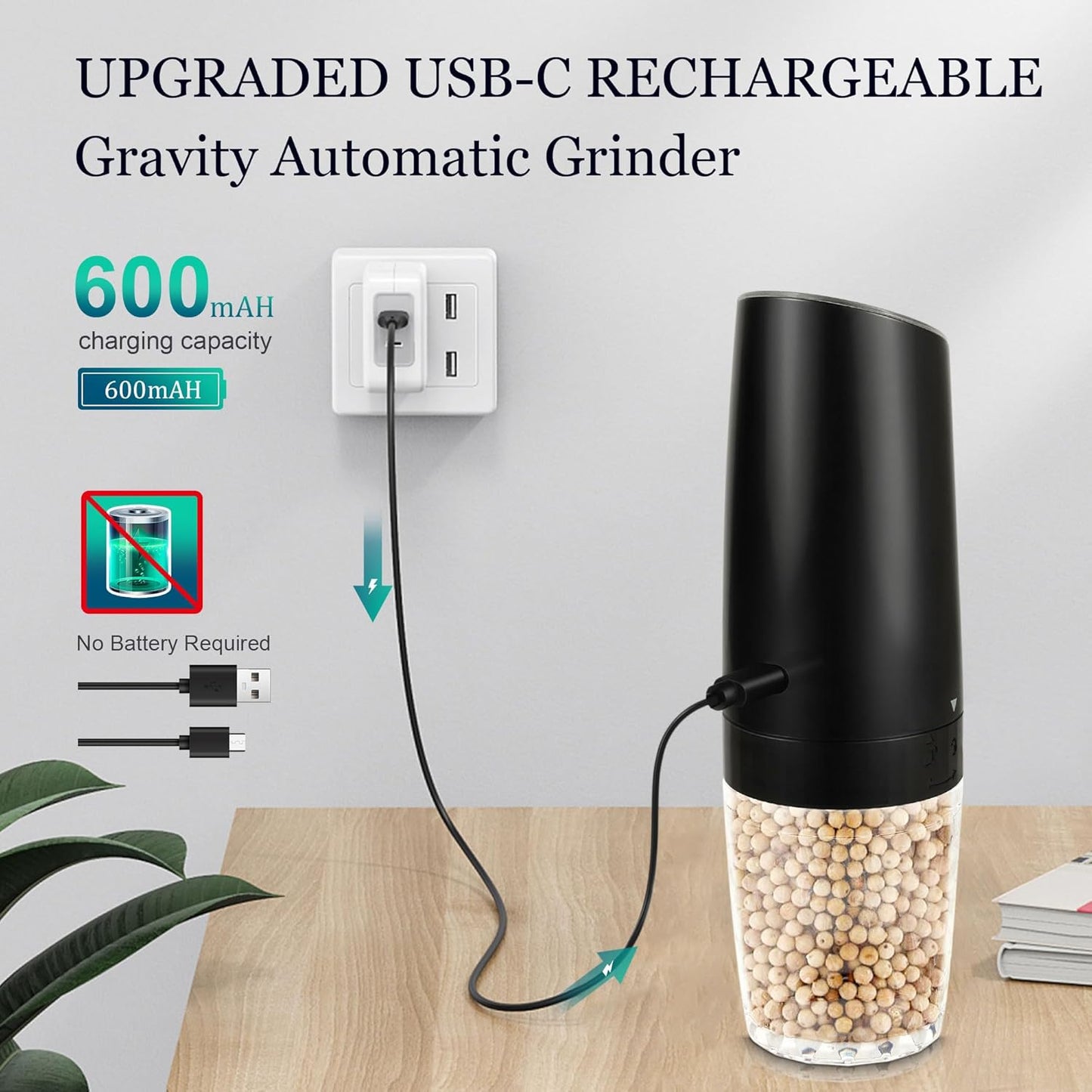 Gravity Electric Salt and Pepper Grinder, Automatic Pepper Mill, USB Rechargeable, Adjustable Coarseness, One-handed Operation, Ceramic Burr, Refillable, Auto Grinders with LED Light