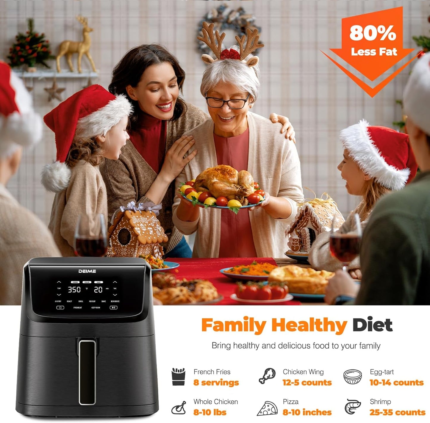 DEIME Air Fryer 7.2 QT 1700W Oilless Oven Healthy Cooker Air Fryers Large Capacity with 8 Presets, Visible Cooking Window, LCD Touch Screen, Customerizable Cooking, Non-Stick Basket (Black)
