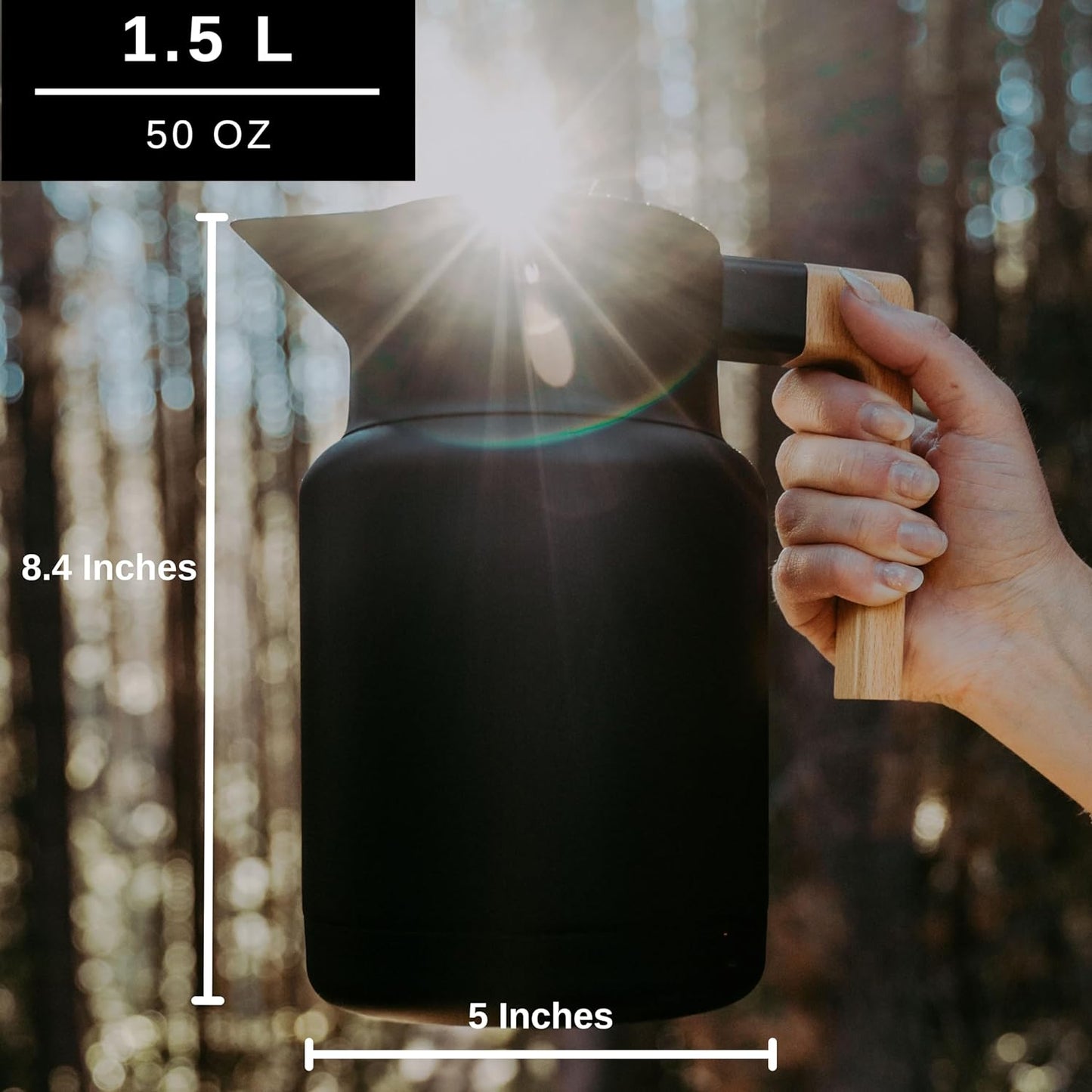 Hastings Collective Thermal Coffee Carafe 50 Oz - Large Stainless Steel Insulated Carafe - 1.5 Liter Double Walled Vacuum Thermos Coffee and Beverage Dispenser with Tea Infuser and Strainer (Black)