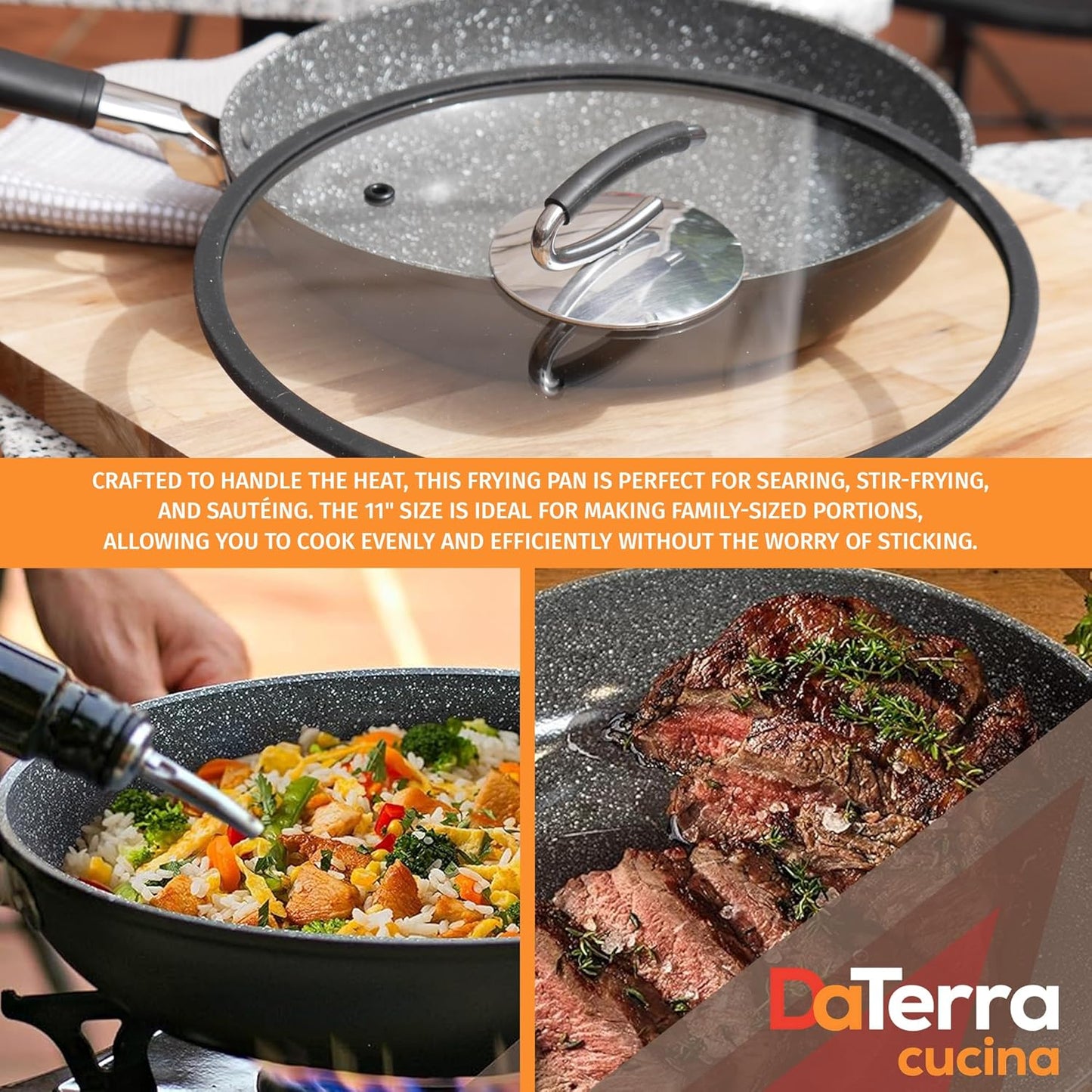DaTerra Cucina 11" Nonstick Ceramic Frying Pan with Lid – Oven & Induction Safe, High Heat Resistant Nonstick Cookware, Dishwasher Safe, Durable & Stylish - Volcanic Black Speckled – Made in Italy