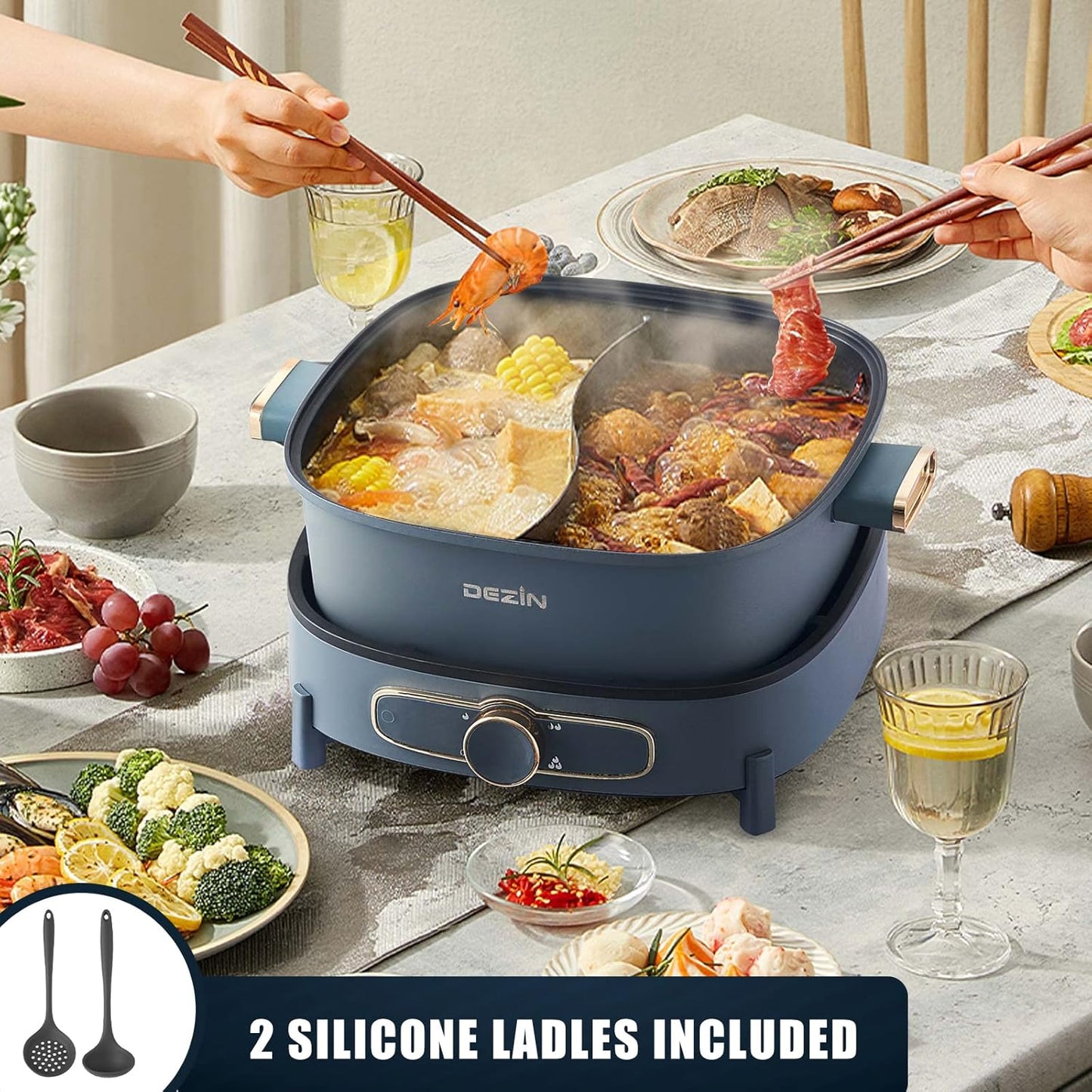 Dezin Hot Pot Electric with Divider, 5.5L Double-Flavor Electric Shabu Shabu Pot, Removable Non-Stick Dual Sided Electric Cooker, 3" Depth Divided Pot with Multi-Power Control, 2 Silicone Ladles