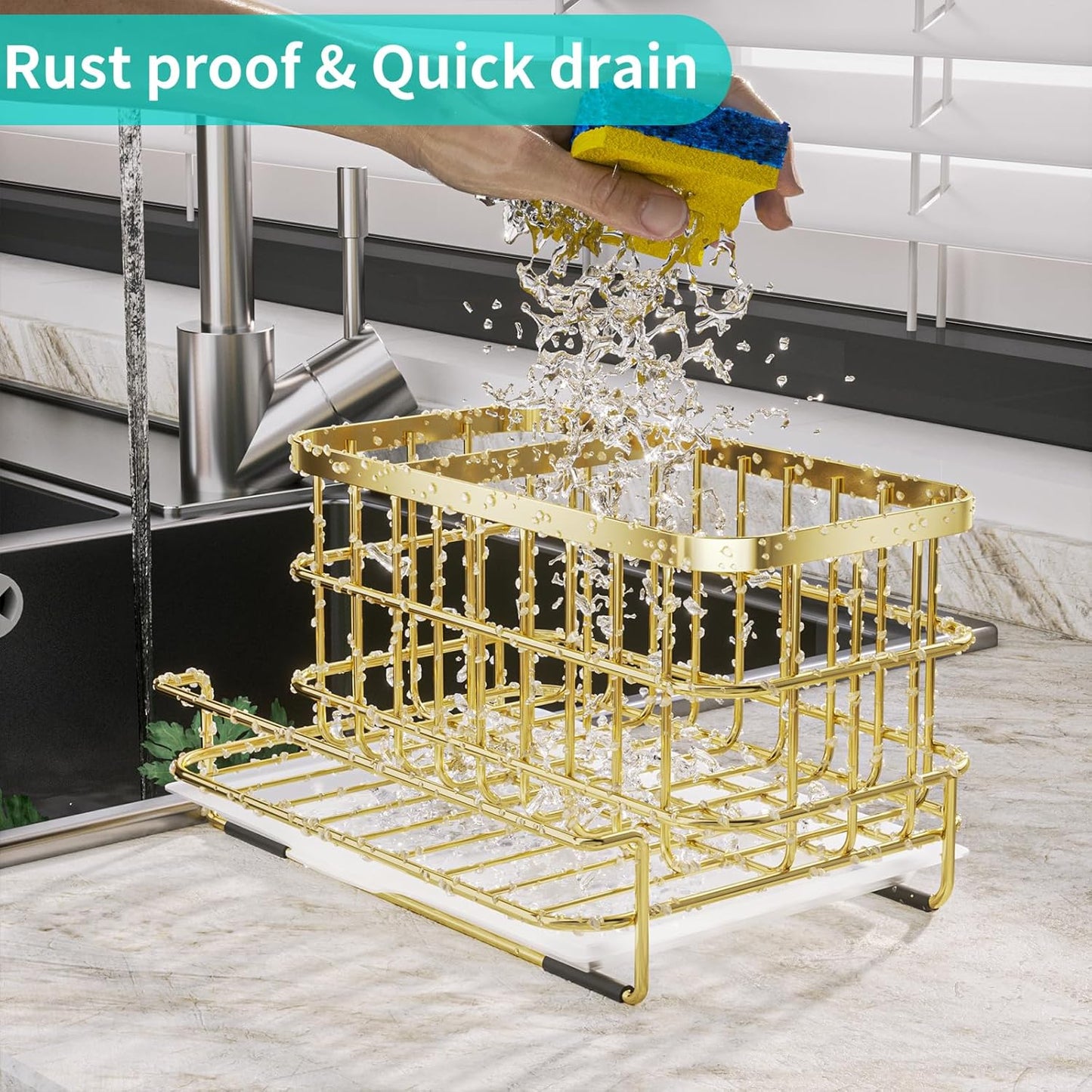 HapiRm Multifunctional Kitchen Sink Organizer with Removable Drain Tray, Quick Draining Rustproof Sink Caddy, Stainless Steel Kitchen Sponge Holder for Holds Sponge, Cleaning Towel and Scrubber - Gold