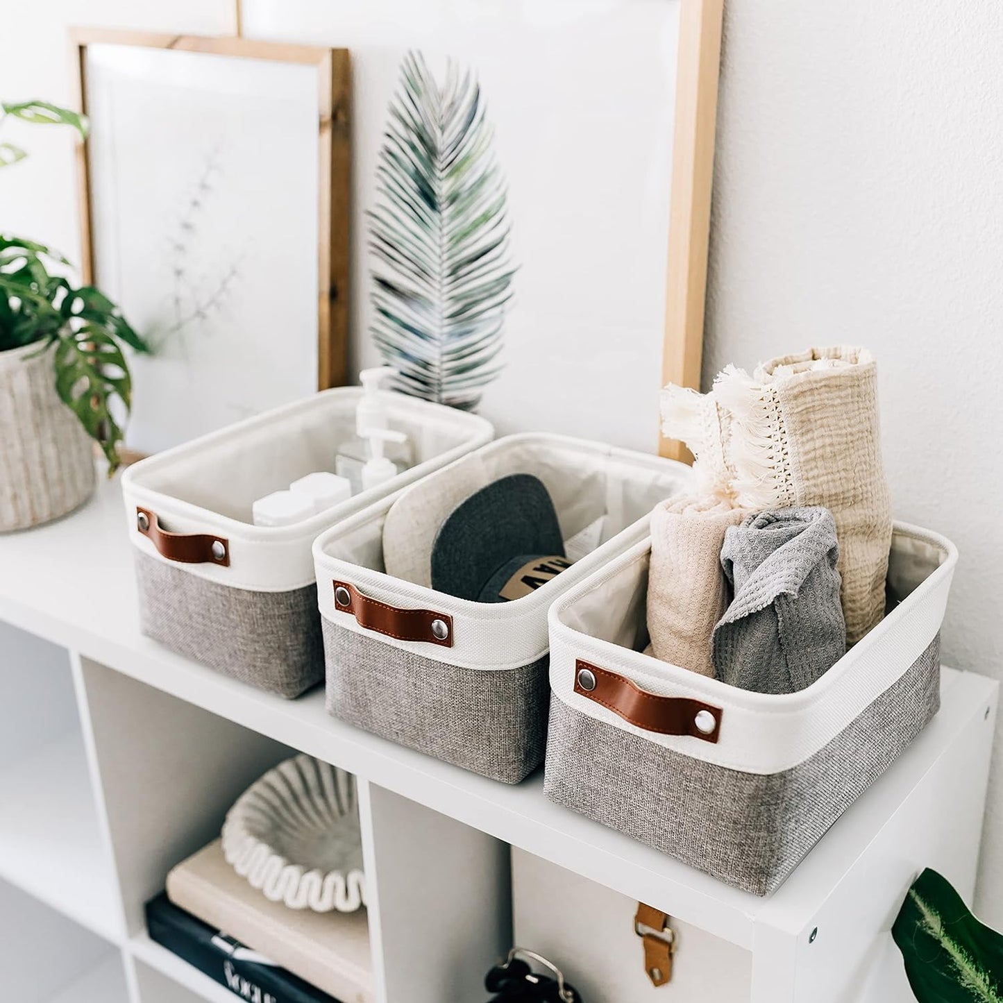 OrganiHaus Small Fabric Storage Bins for Shelves 6 Pack, 12x8in Closet Storage Bins for Shelves, Cloth Baskets for Organizing, Linen Closet Organizers, Fabric Basket, Gray/White