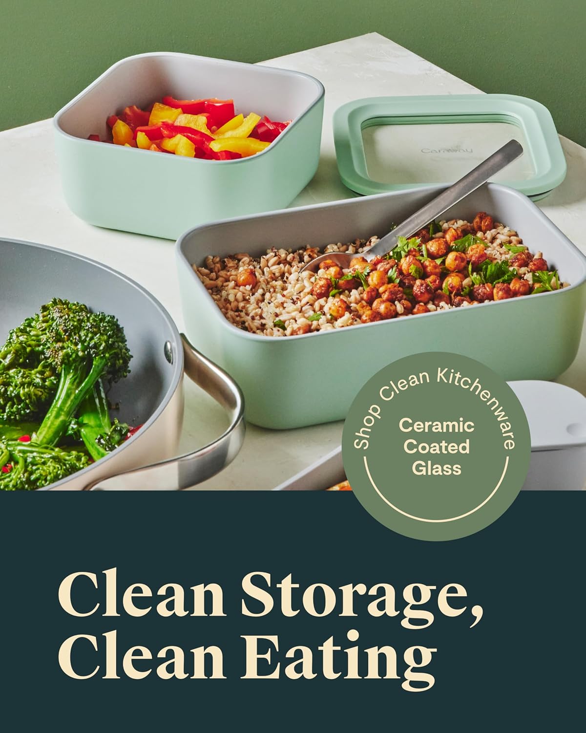 Caraway Glass Food Storage, 6.6 Cup Glass Container,Ceramic Coated Food Container,Easy to Store, Non Toxic, Non Stick Lunch Box Container with Glass Lids. Dishwasher, Oven,Square Shape,Cream