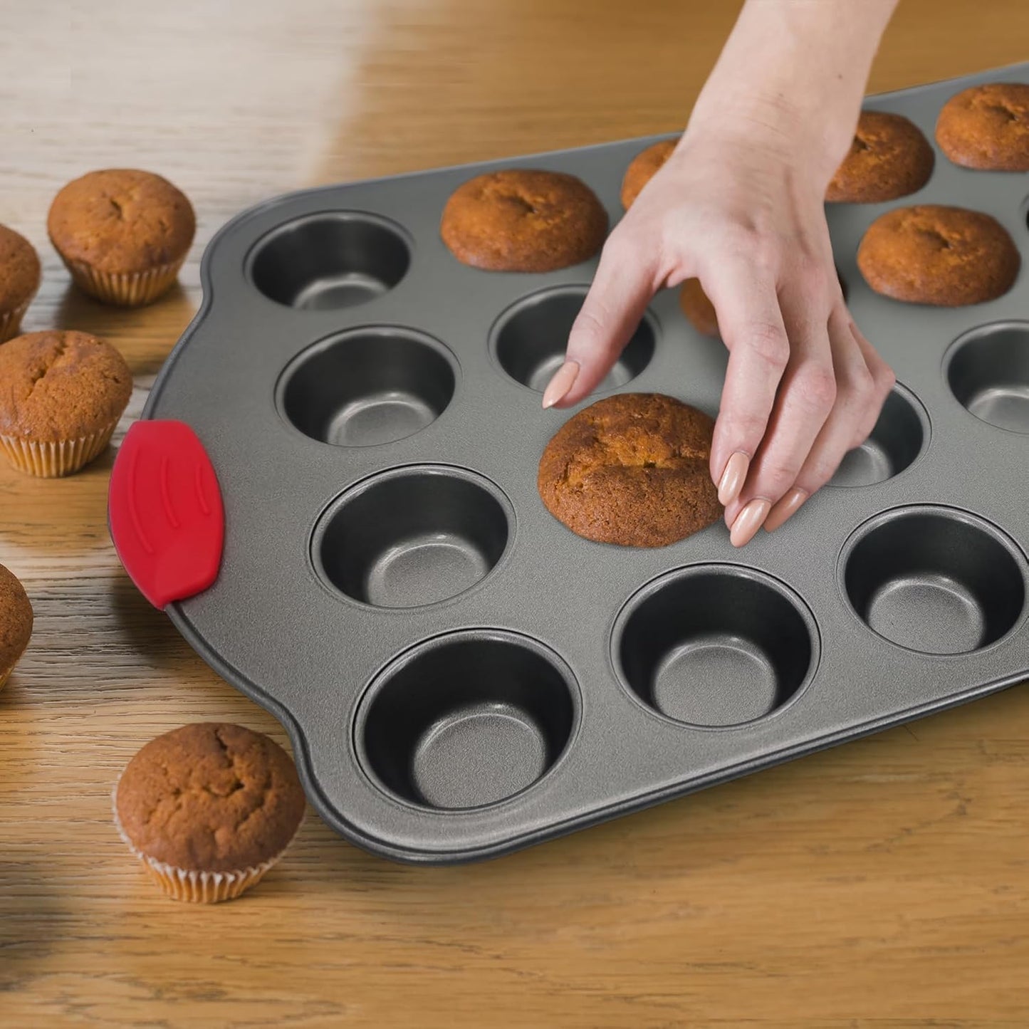Boxiki Kitchen 24 Cup Mini Muffin Pan with Silicone Handles | Professional Non-Stick Cupcake Pan for Muffins, Cupcakes, Egg Bites, and More