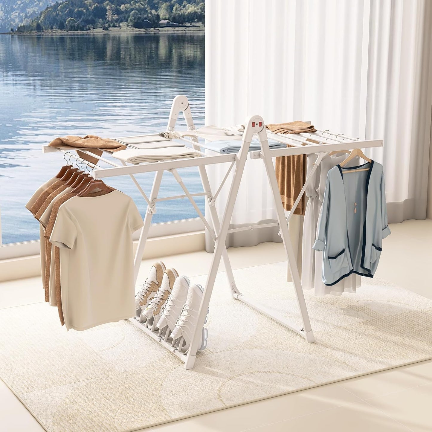 Electric Heating Clothes Drying Rack,Foldable Clothes Drying Rack,Suitable for Drying Clothes, Shoes and Socks.Plug & Play,White,Aluminum Alloy,One-Click Switch(39.37×52.56×25.98in)