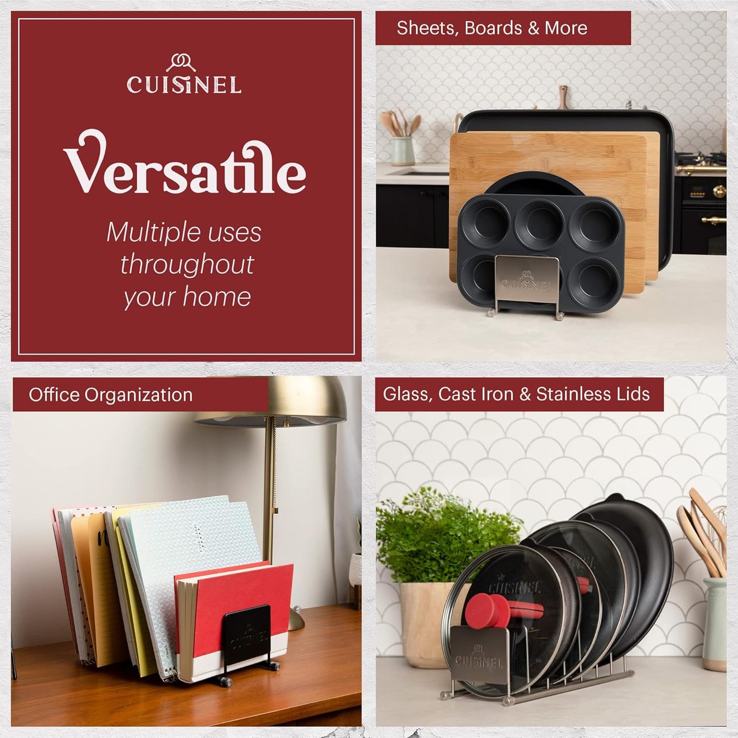 Cuisinel Lid and Dish Organizer Rack - 2-Pack Satin Nickel Kitchen Storage Organization Stand - Plate Holder, Pan/Pot Covers, Cutting Board and Cookie Sheet Divider - 7-Tier Cabinet/Counter Display