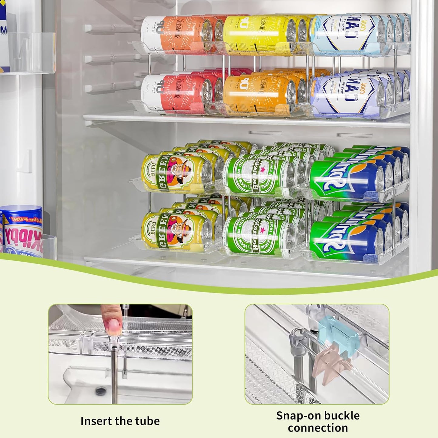 Can Organizer for Pantry Soda Can Organizer Automatic Rolling Food Pantry Storage Rack Can Dispenser for Fridge Holds 72 Cans, Fits 5.8-Inch Soda and Can, Set of 18