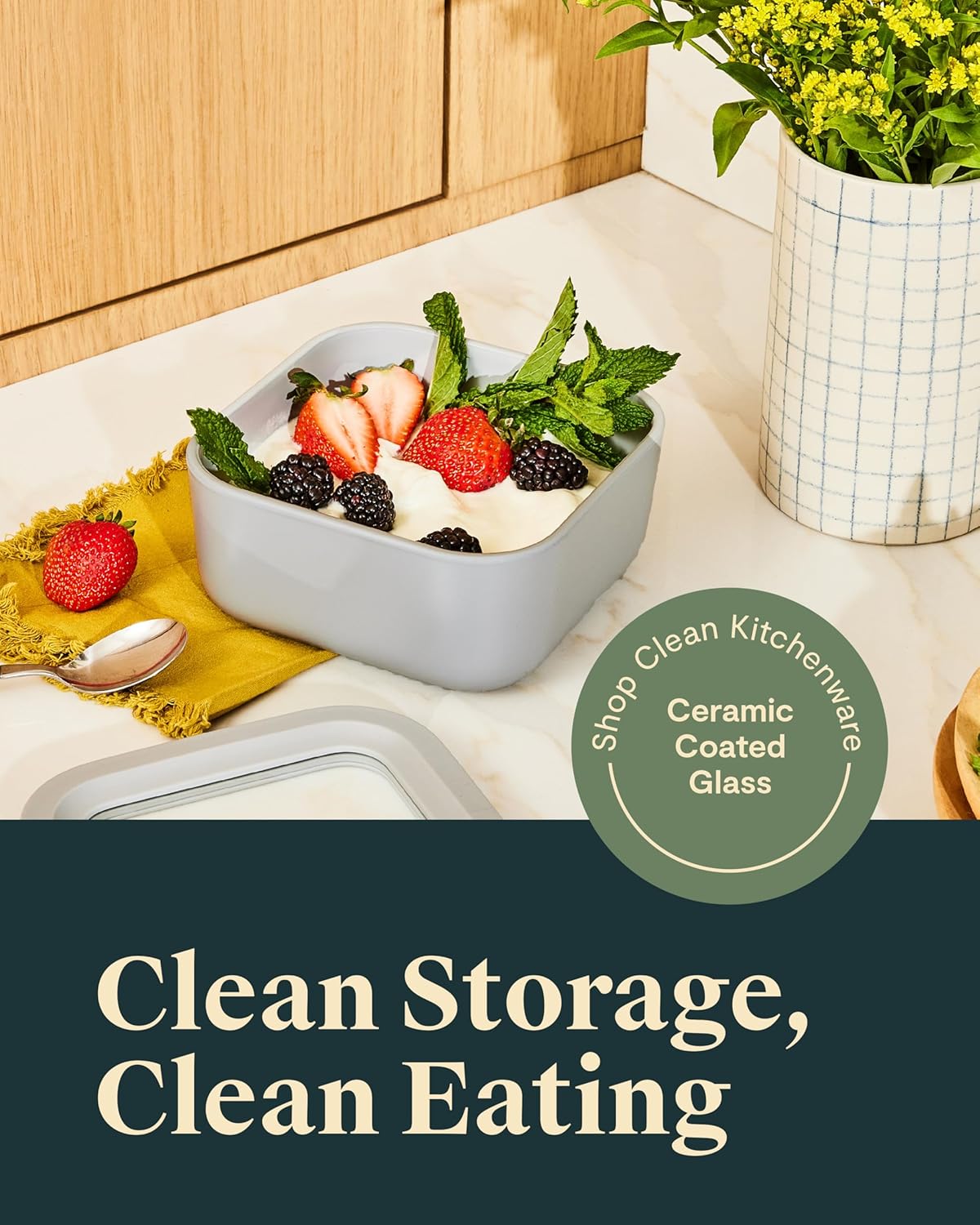 Caraway Glass Food Storage - 4.4 Cup Glass Container - Ceramic Coated - Easy to Store, Non Toxic, Non Stick Lunch Box Container with Lids - Dishwasher, Oven, & Microwave Safe - Mist