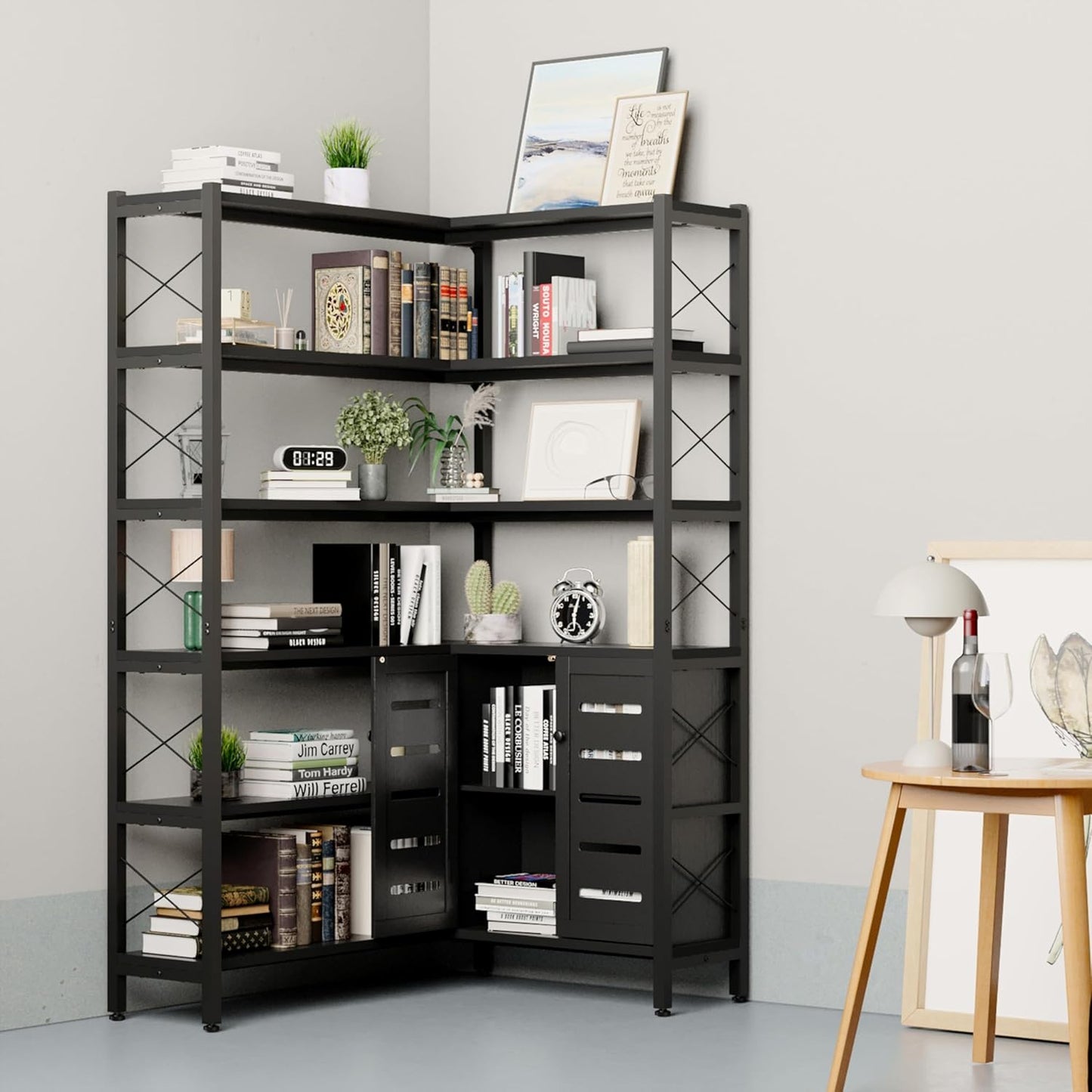 Corner Bookshelves and Bookcases Industrial Corner Etagere Bookcase L Shaped Shelf 6 Tiers with Metal Frame for Living Room Home Office