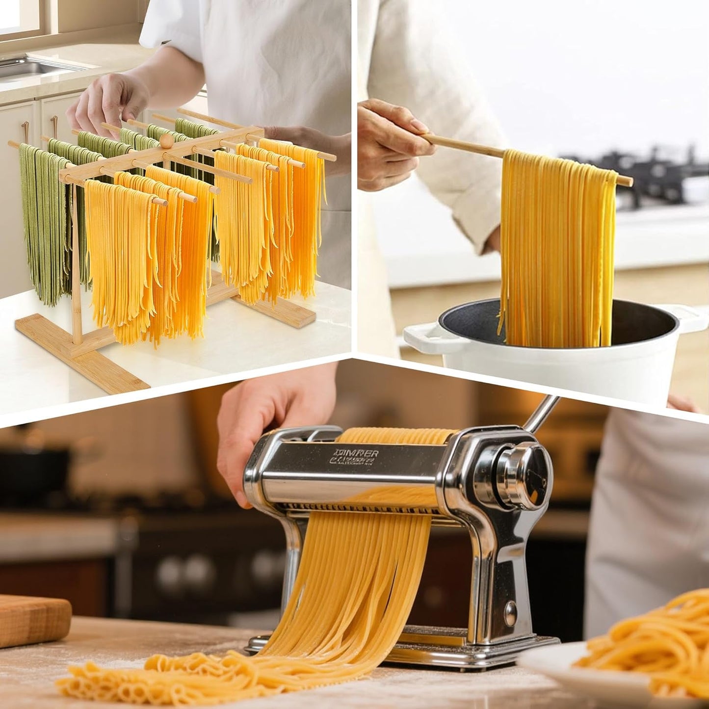 CycForge Bamboo Pasta Drying Rack with 14 Rods & Transfer Wand - Large Capacity Collapsible Stand for Fresh Homemade Spaghetti, Foldable Space Saving Storage