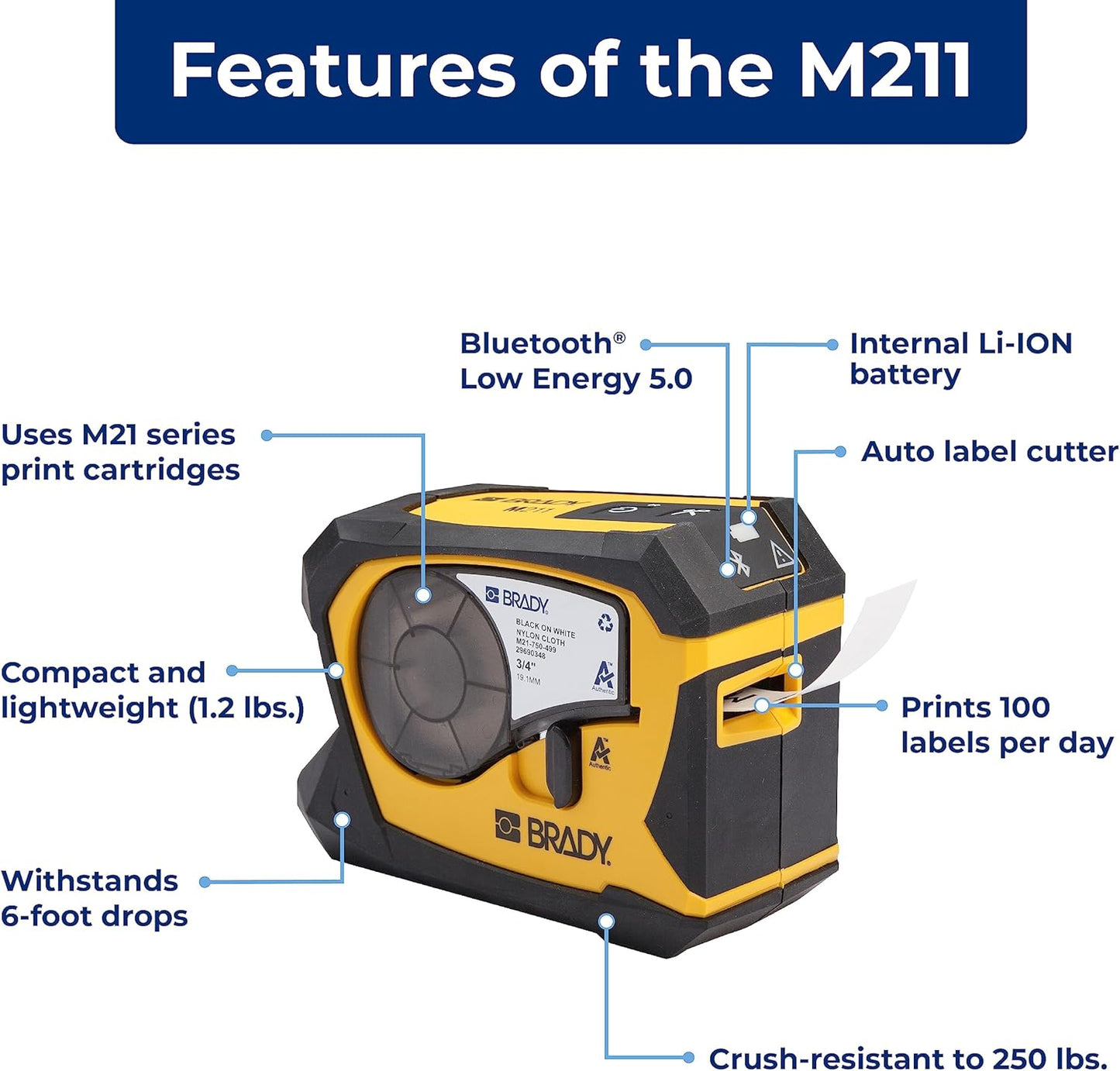 Brady M211 Portable Bluetooth Monochrome Label Printer, Yellow/Black