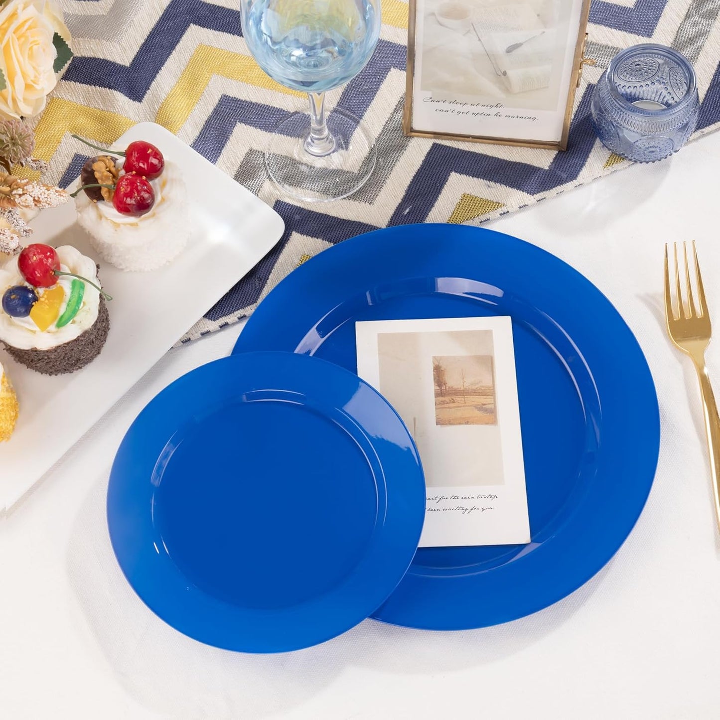 I00000 102 Pcs Blue Plastic Plates, Disposable Party Plates Include 51 Blue Dinner Plate 10’’ and 51 Plastic Dessert Plate 7’’ Perfect for Birthday, Party & Wedding