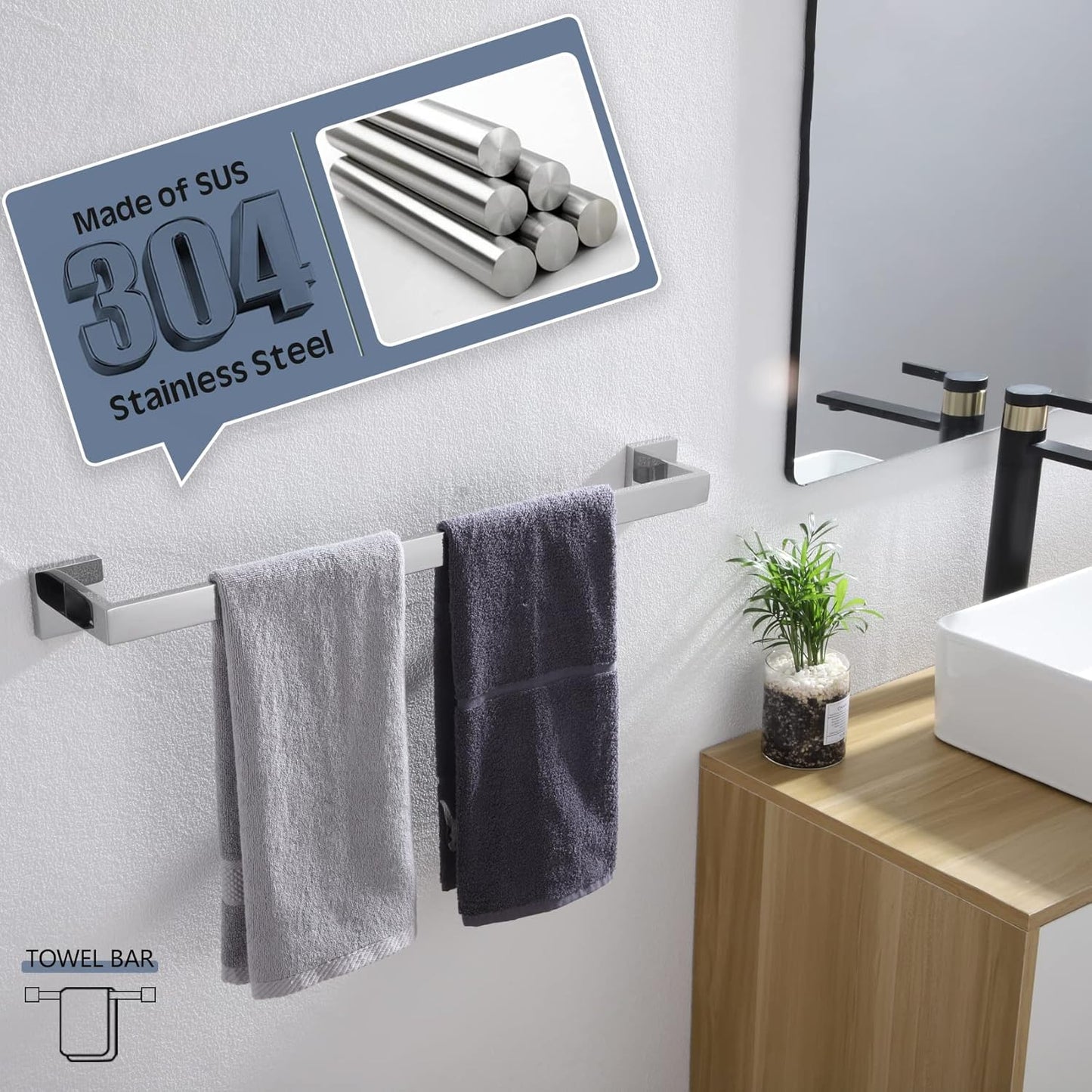 KOKOSIRI 24-Inch Single Towel Bar, Bathroom Kitchen Towel Holder, Wall Mounted SUS304 Stainless Steel Towel Rack, Polished Chrome, B4003CH-L24