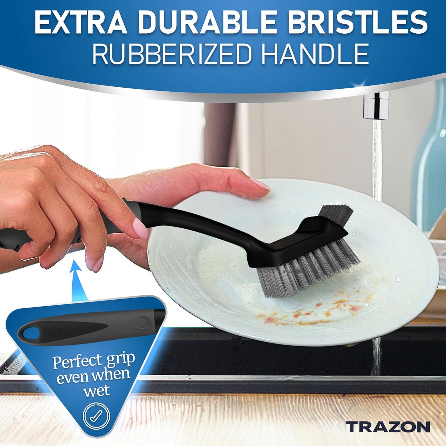 Dish Brush Set of 5 with Holder - Kitchen Scrub Brushes with Non-Slip Long Handle for Cleaning, Scrubber, Dishwashing, Dishes, Bottles, Straws, Cups, Pots & Sink, Black