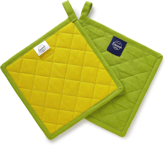 Encasa XO Heat Resistant Cotton Pot Holders with Hanging Loop - Set of 2 - Lime Green - Multipurpose Quilted Everyday Hot Pad for Kitchen, Camping, BBQ & Microwave - 8x8 in