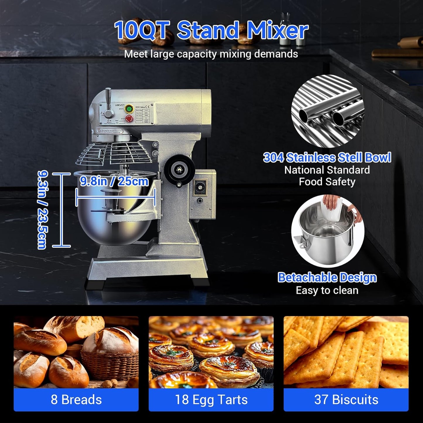 Commercial Food Mixer 10Qt,500W Commercial mixer 3-Speed Adjustable with Timing Function, Industrial Dough Mixer with Stainless Steel Bowl for Bakery Pizzeria (Upgrade)