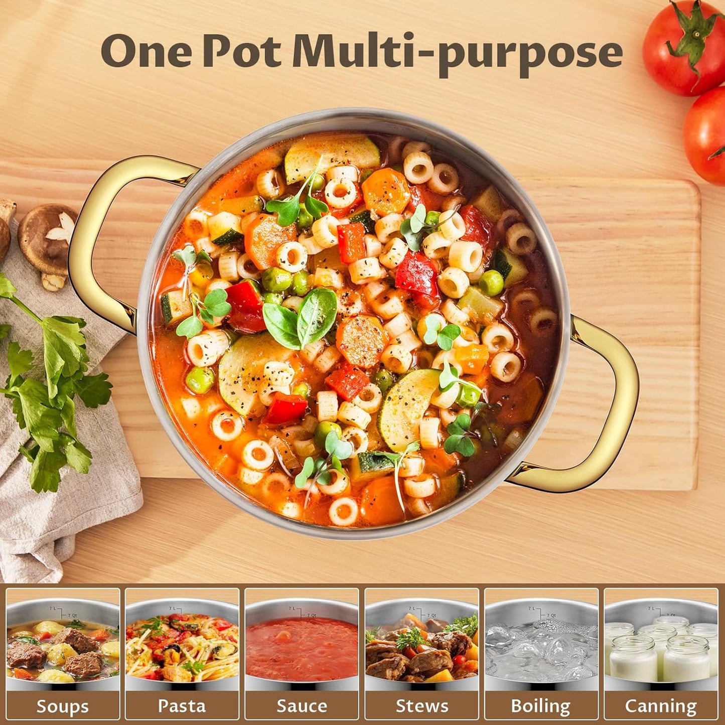 BEZIA 8 Quart Stainless Steel Stockpot with Lid, Induction Compatible Cooking Pots, Triple-Layer Bottom for Even Heat, Pasta & Soup Pot for Cooking, Boiling, Stewing, Dishwasher Safe