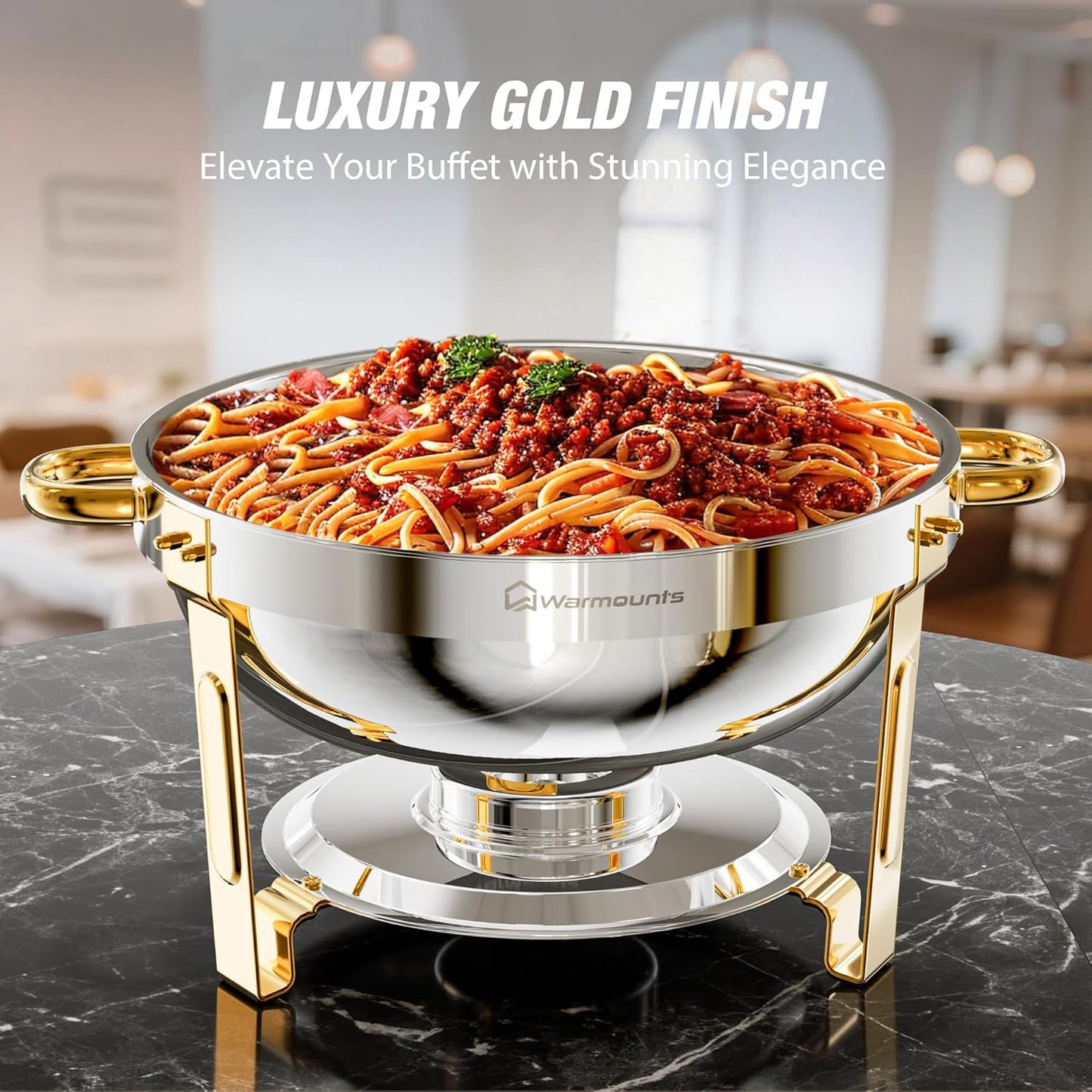 Gold Chafing Dishes for Buffet (5QT, 6 Pack), Round Chafers and Buffet Warmers Sets, Food Grade Stainless Steel Chafing Dish Set, Rolled Edge Design, for Catering Events, Parties, Weddings