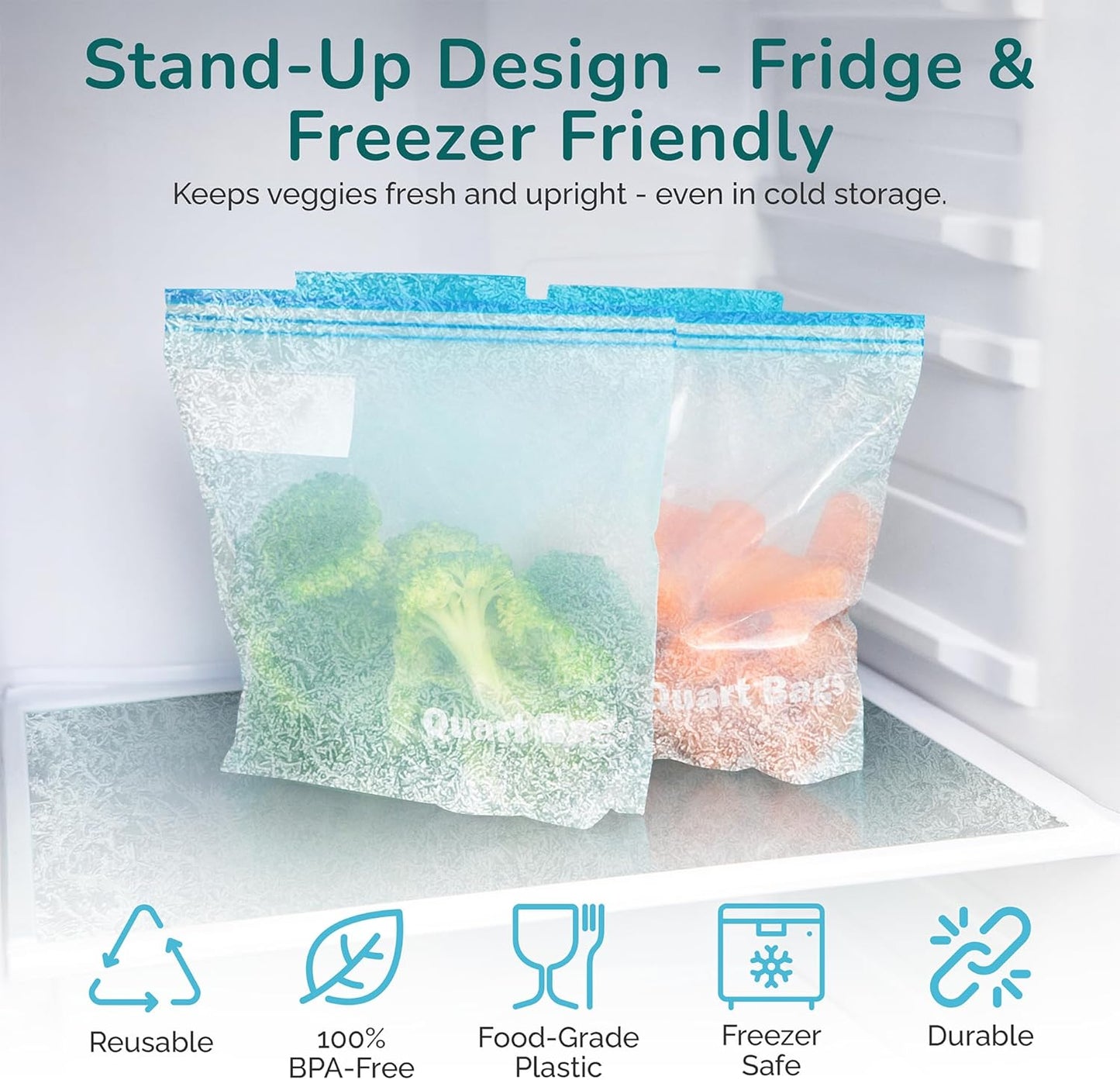 J&&J Fresh Storage Quart Freezer Bags, 50 Pack — Reusable, BPA-Free, Leakproof — Expandable Bottom, Microwave-Safe, Strong Zipper Seal — Quart Bags for Meal Prep & Freezer Storage — Durable & Washable