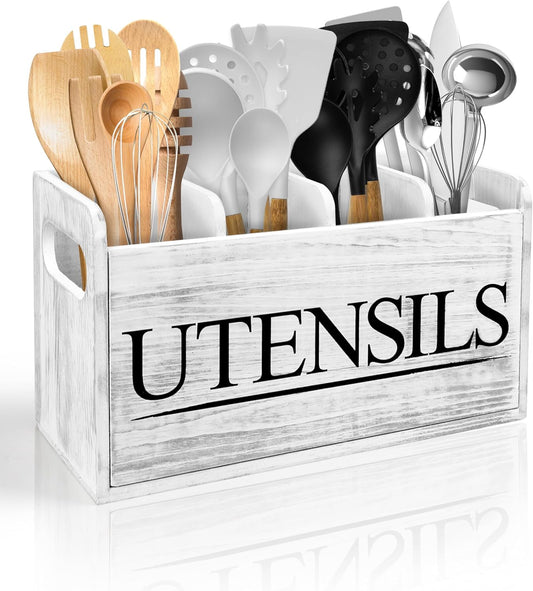 Kitchen Utensil Holder for Kitchen Counter Large Wooden Organizer for Cooking Utensils Utensil Holder Counter Rustic Décor