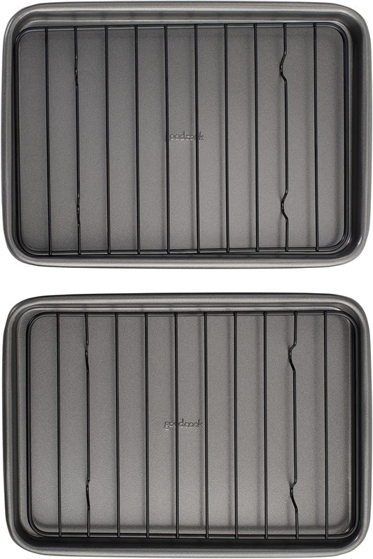 GoodCook Set of 2 Nonstick Steel 9" x 6.2" Toaster Oven Mini Baking Sheets with Racks, Gray