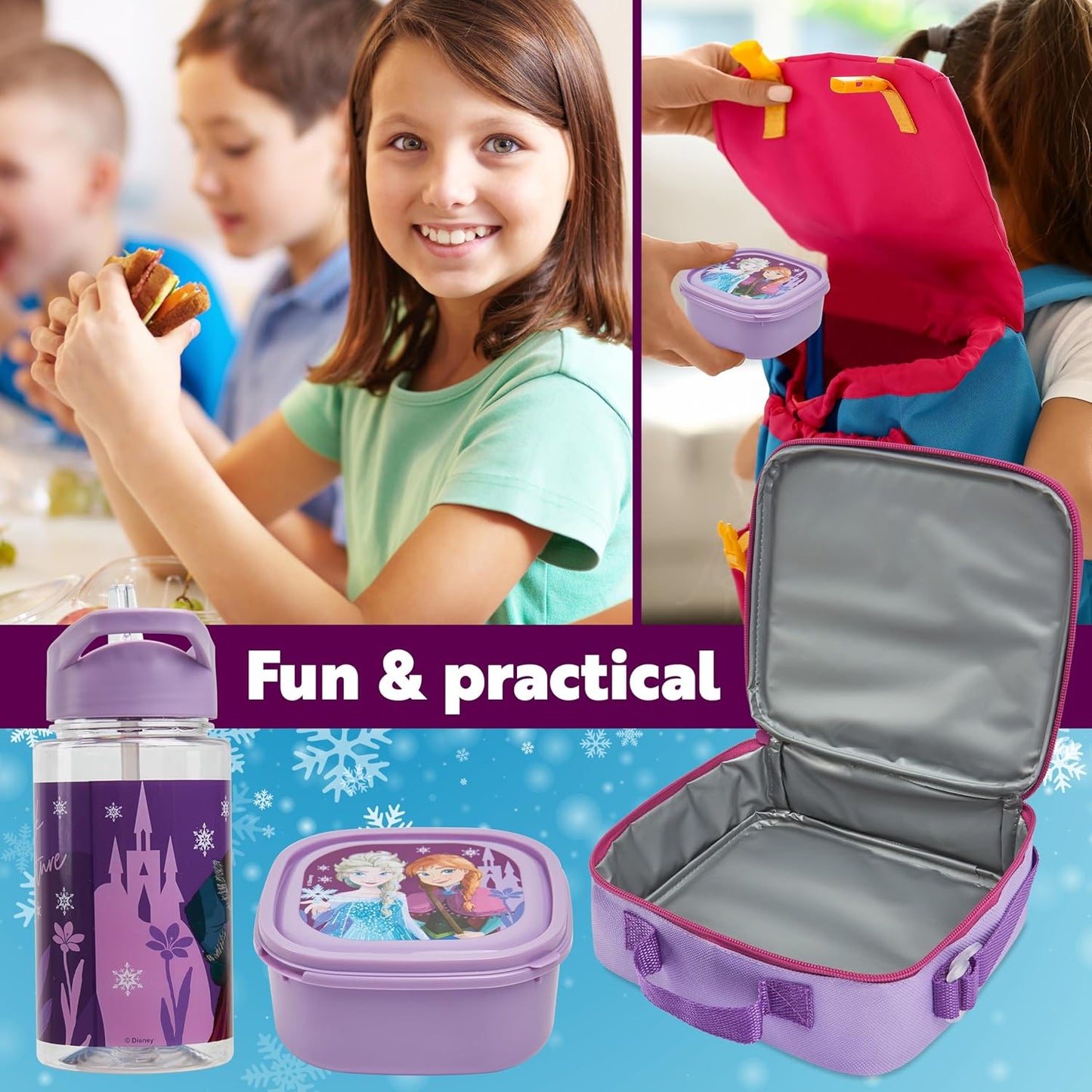 Get Trend Disney Frozen Kids Lunch Bag Set 3 Pc with Leak Proof Water Bottle and Small Lunch Box Insulated for School Daycare or Travel (Frozen)