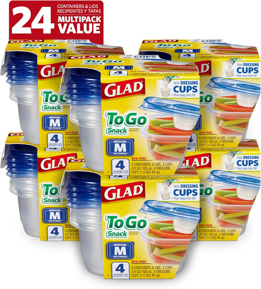 Glad GladWare To Go Snack Food Storage Containers - Medium Round - Meal Container Holds up to 24 Ounces of Food - Lock Tight Seal, 4 Count - 6 Pack