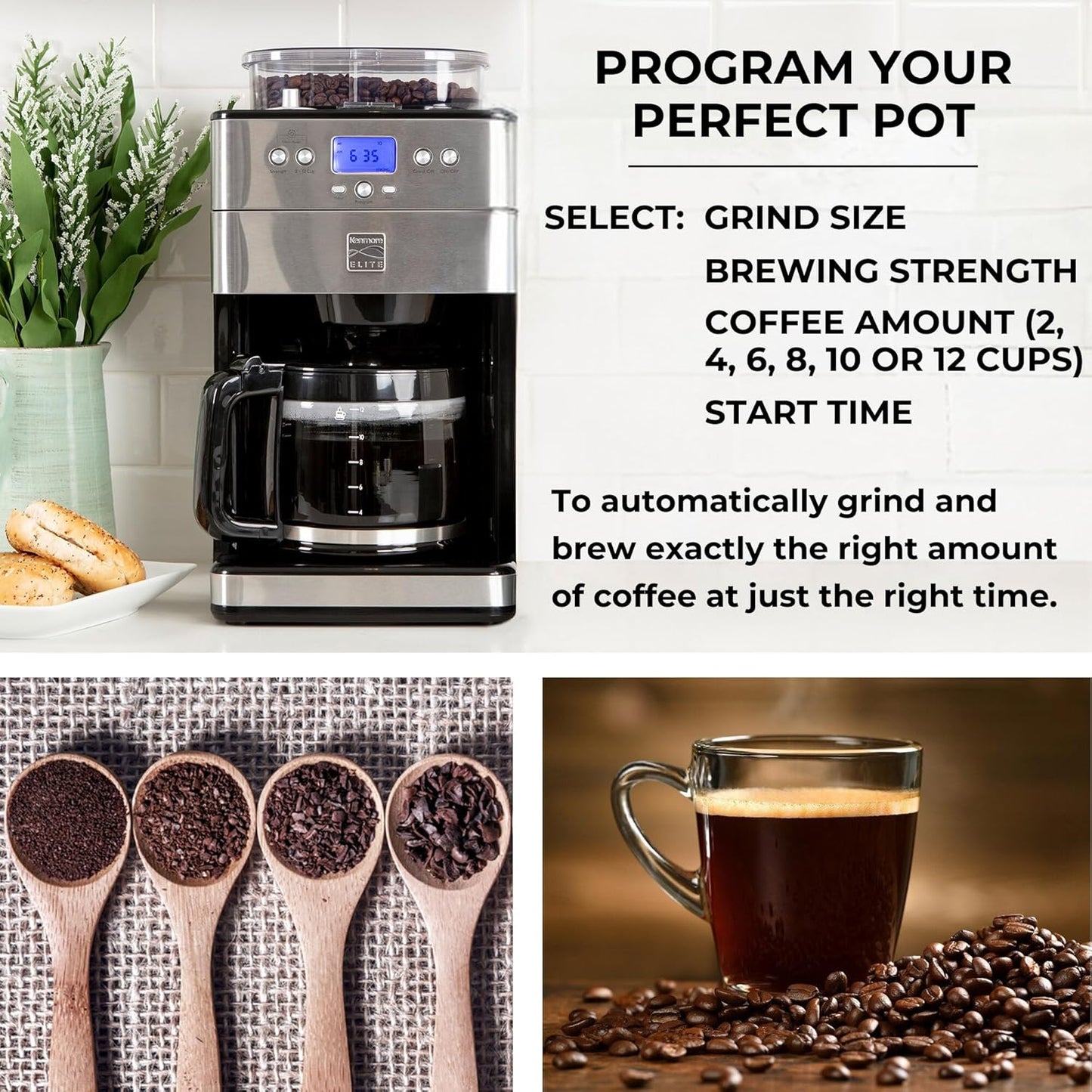 Kenmore Elite Grind And Brew Coffee Maker - Burr Grinding Ground Coffee Bean Hopper With Drip Pot, 12 Cup Programmable Automatic Brew Coffee Machine For Barista Style Cafetera, Use For Kitchen & Café