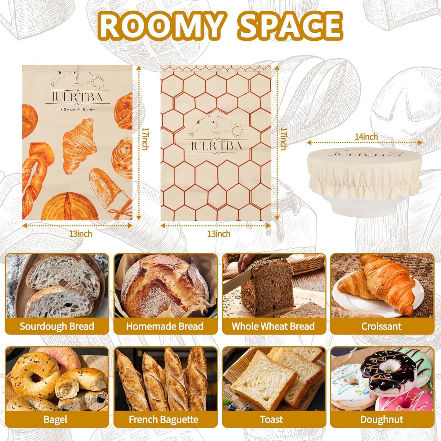 Bread Bags for Homemade Bread Sourdough - 2 Pack Beeswax Bread Bags for Sourdough with Bowl Cover, Reusable Linen Bread Storage Bags with Roll Top Buckle and Hooks for Freezer, Counter and Wall, XL