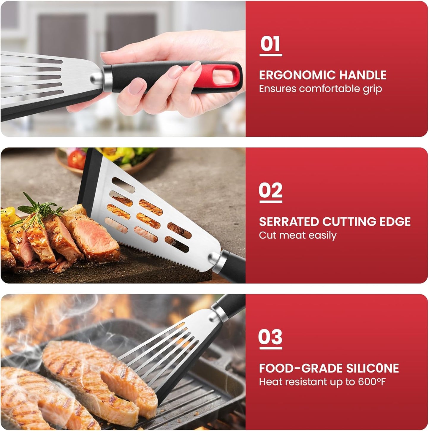 Fish Spatula Turner Set of 2, 600ºF Heat Resistant Silicone Spatulas for Nonstick Cookware, Metal Slotted Spatula with Silicone Edge for Fish, Egg, Pancake, Dishwasher Safe