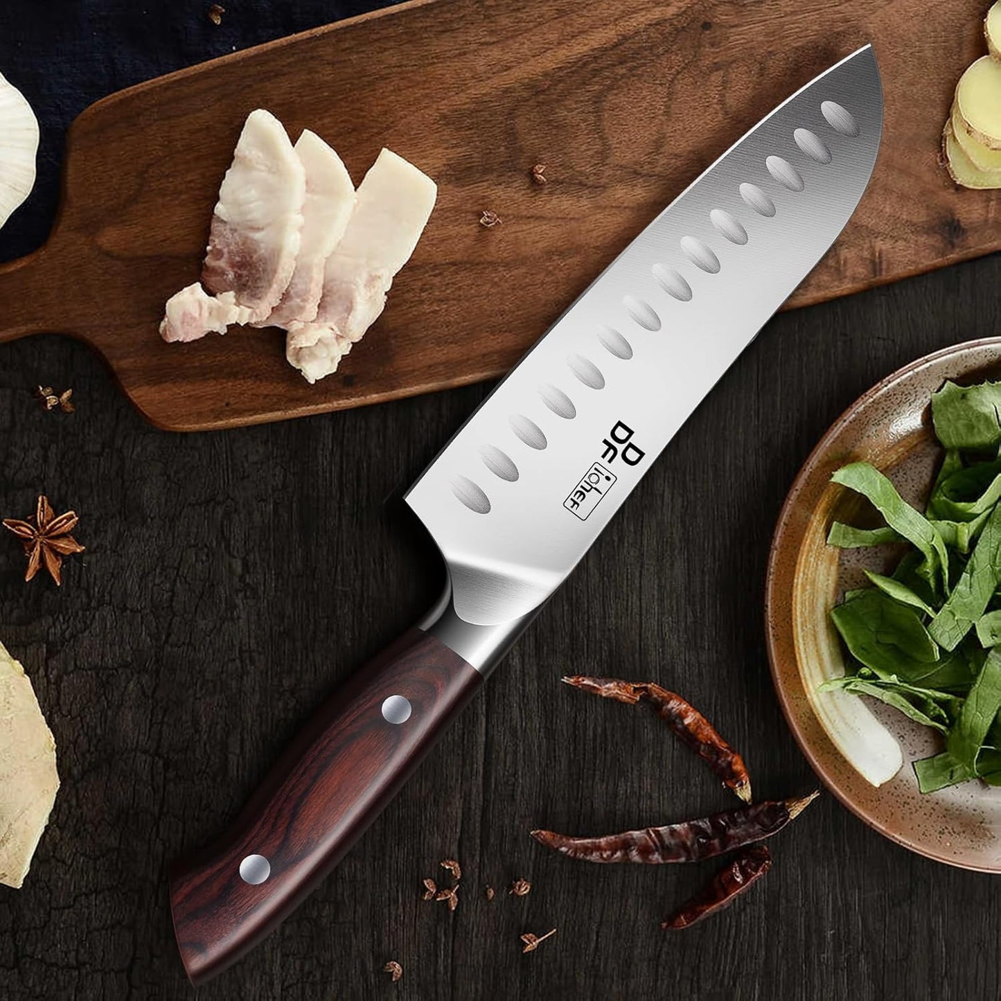 DDF iohEF Kitchen Knife 7 inch Chef Knife Professinal Santoku Knife, Japanese Stainess Steel Ultra Sharp Cooking Knife with Ergonomic Handle for Chopping Vegetable and Cooking