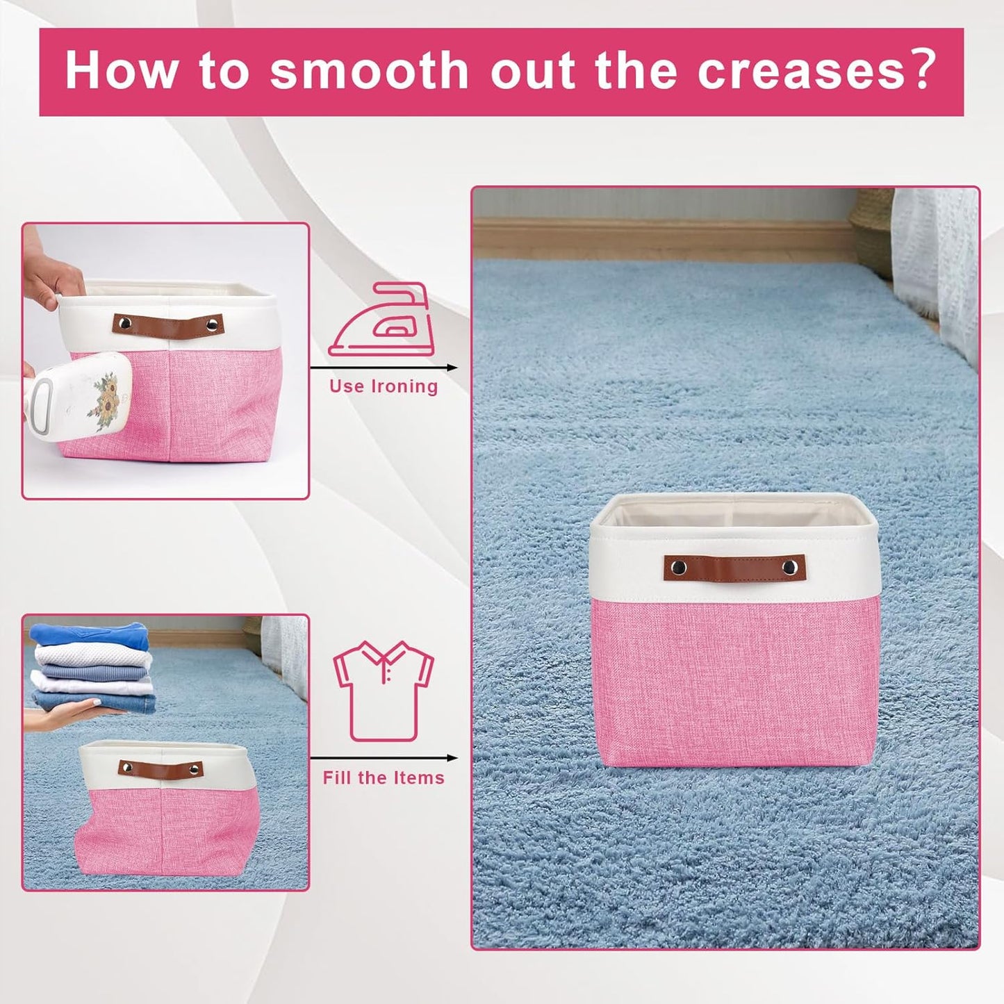 Storage Bins Large Fabric Storage Baskets for Shelves 3 Pack, Decorative Linen Closet Baskets with Handles for Organizing, Shelf, Clothes, Home, Office, 15x11x9.5Inches (Pink&White)