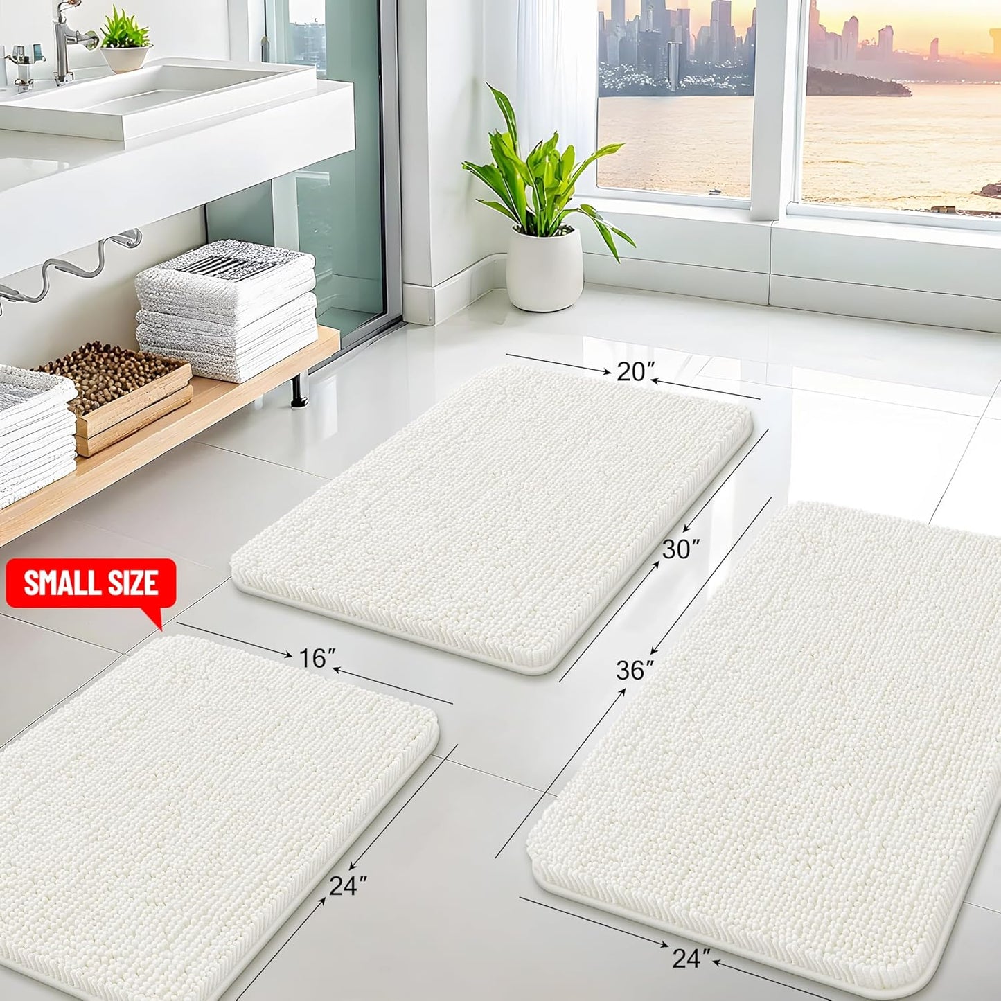 Arotive Bathroom Rugs 24x16, Extra Soft Absorbent Shaggy Chenille Bath Rugs, Machine Washable Rubber Backing Non-Slip Bath Mats for Bathroom Floor Tub and Shower, Home Decor Accessories, Ivory