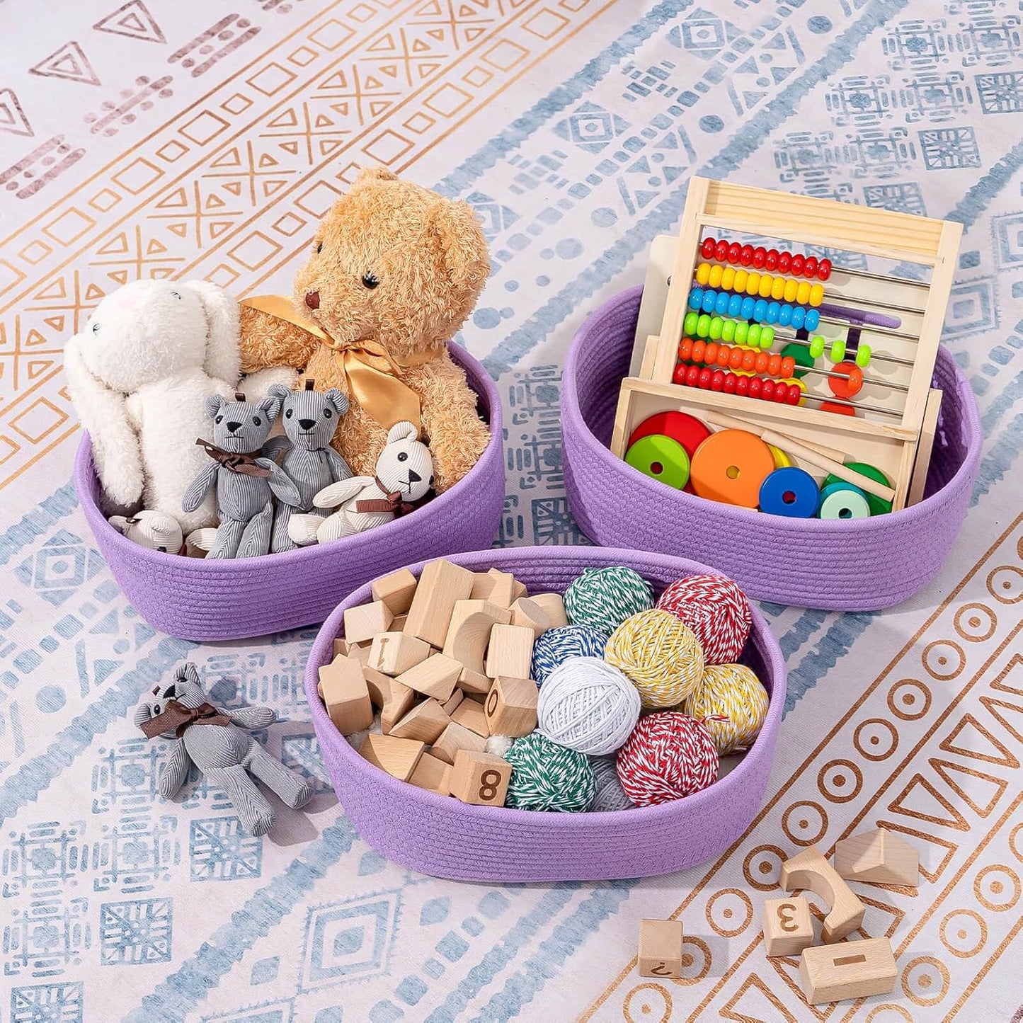 CubesLand Small Storage Baskets for Shelves, Closet Organization Storage Bins Empty Gift Basket 3 Packs Baby Nursery Woven Baskets for Organizing, Rectangular Clothes Closet Shelves Baskets Purple