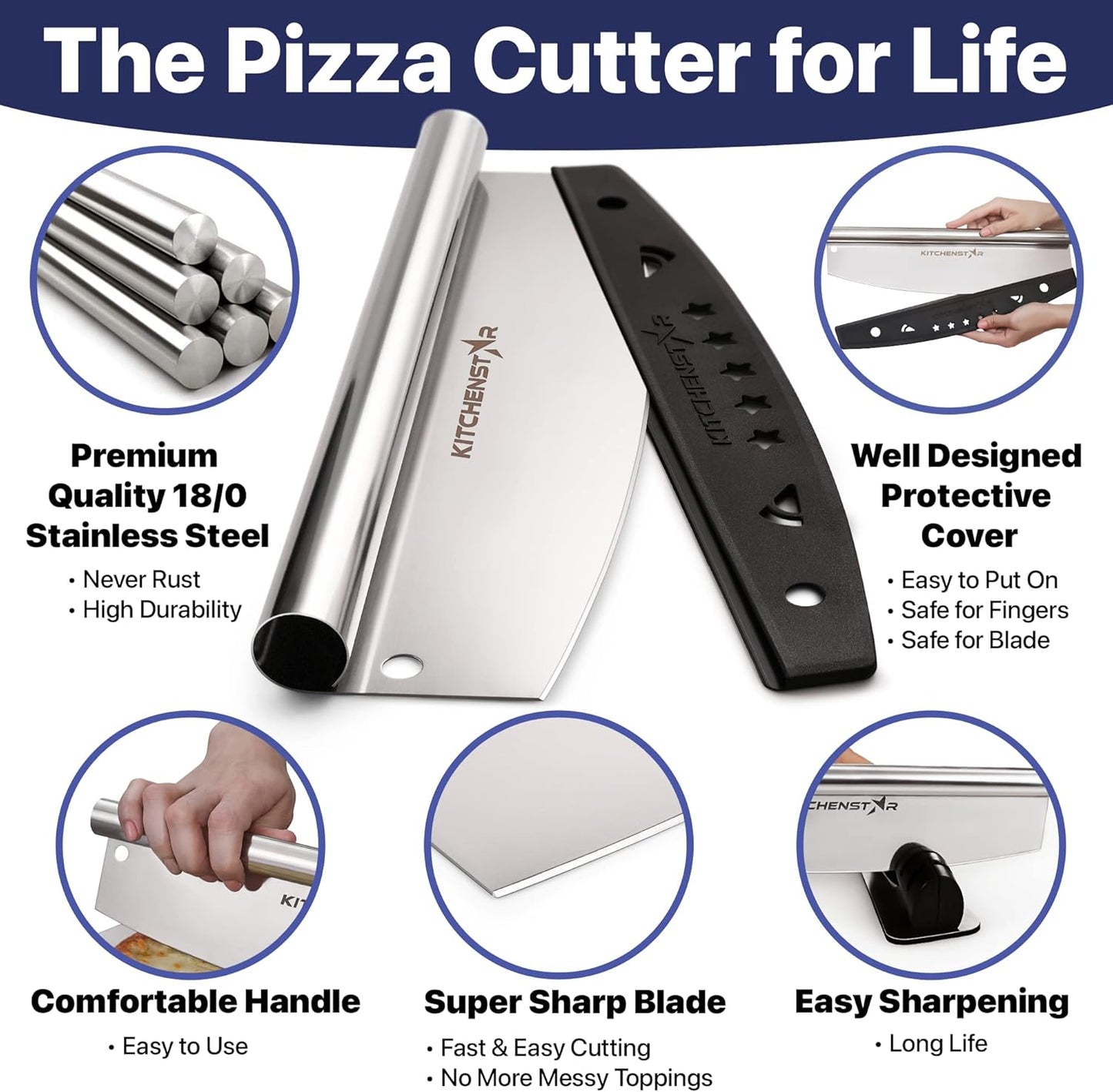 KitchenStar 14-Inch Pizza Cutter Rocker Blade - Sharp Stainless Steel Slicer Knife, Protective Cover, Dishwasher Safe, Large - Professional Pizza Oven Accessories