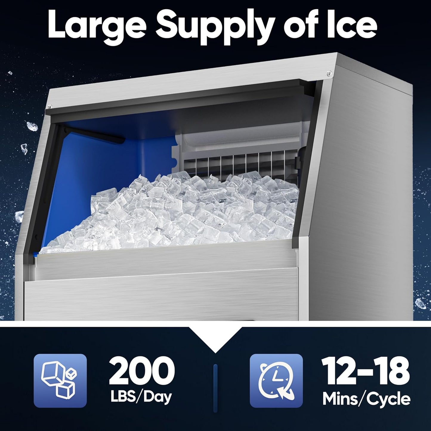 Commercial Ice Maker Machine, Coolski 200LBS/24H Under Counter Ice Maker with 35LBS Ice Storage,Stainless Steel Freestanding Ice Machine for Restaurant, Home, Bar, Office, Party, Outdoor Activities