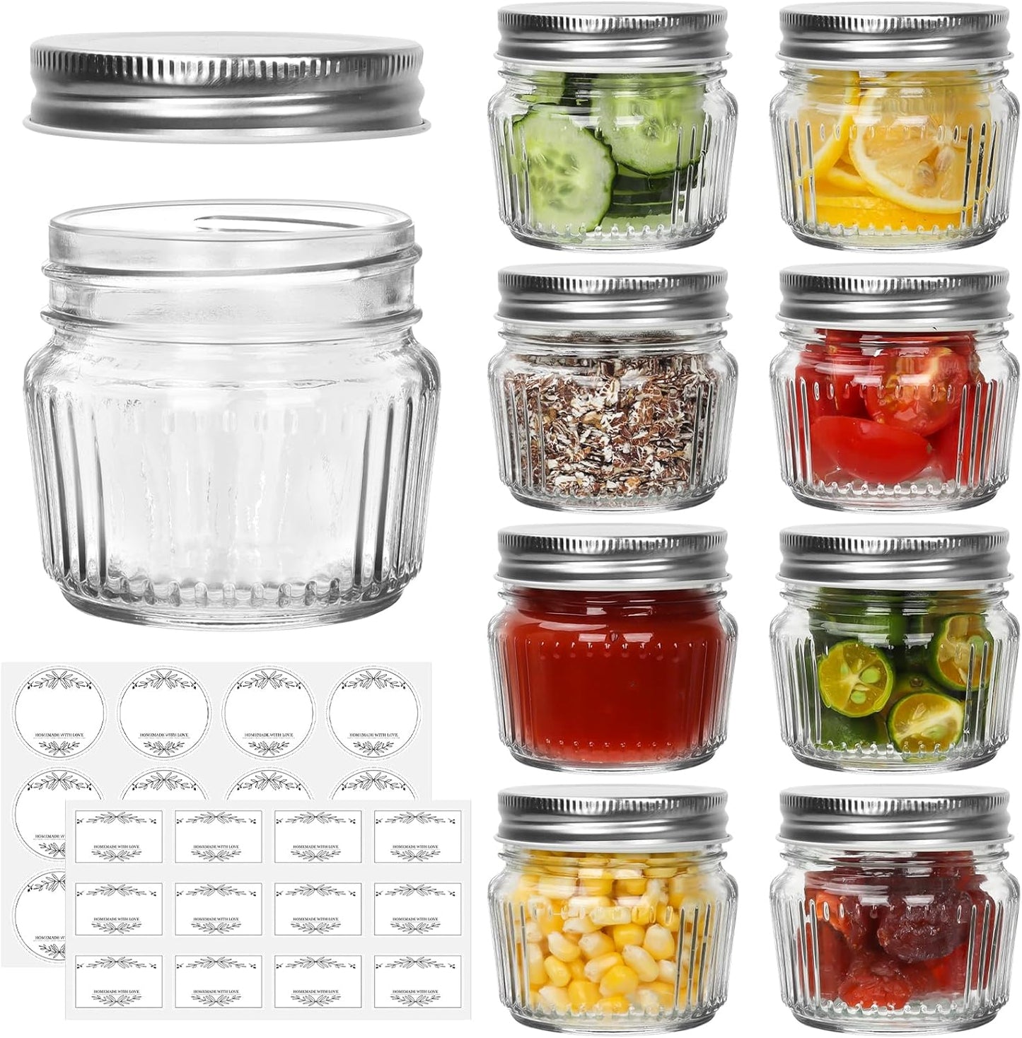 Cehomi Small Glass Mason Jars with Lids - 4 oz Vintage Canning Jars, Pickling Jars for Jelly, Jam, Honey, Pickles, Spice, Essential Preserver for Home Storage and Gifting 8 Pack