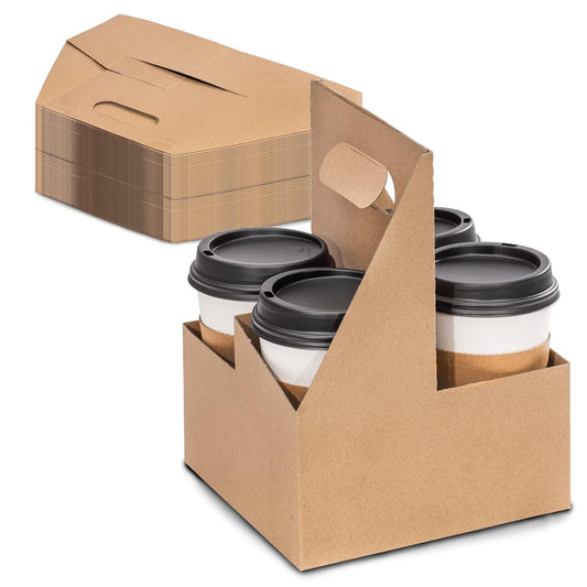 FMP Brands 4 Cup Disposable Drink Carrier with Handle, 200 Pack Kraft Paperboard Handled Cup Carrier, 12-30 oz to Go Coffee Cup Holder, Cold Hot Drinks, Takeout, Cafe and Restaurant