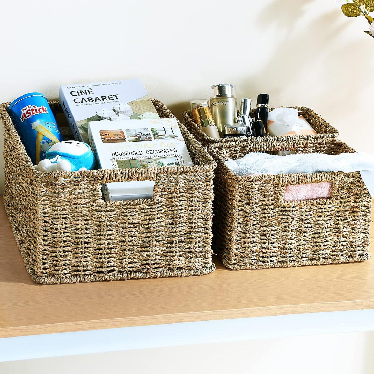 HOONEX Large Wicker Baskets for Storage, Seagrass Baskets with Dual Handles, Woven Baskets for Storage, Set of 3, Natural