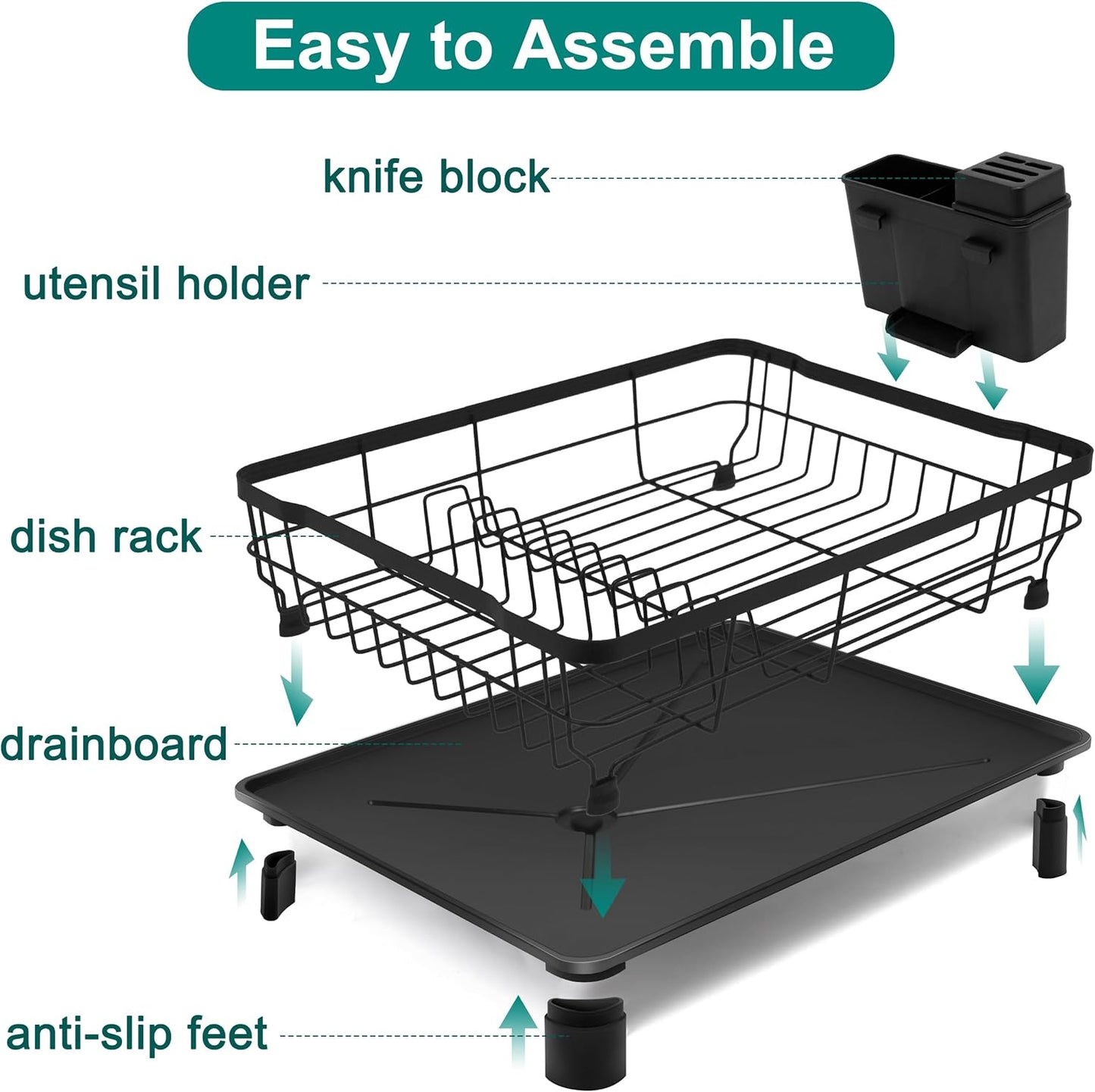 Dish Drying Rack for Kitchen Counter,Space-Saving Dish Rack with Drainboard,Rustproof Countertop Dish Drainer with Utensil Holder for Sink,Black