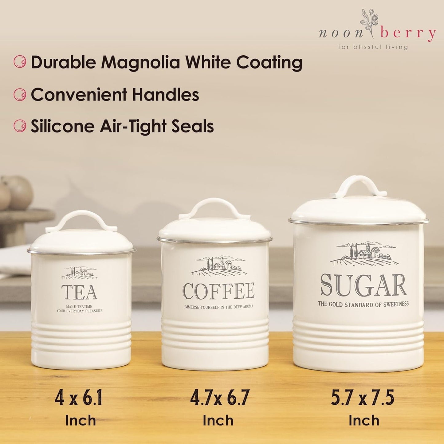 Kitchen Canisters for Countertop - Set of 3 - Airtight Coffee Tea Sugar Container Set - Country Rustic Farmhouse Canisters Sets for the Kitchen