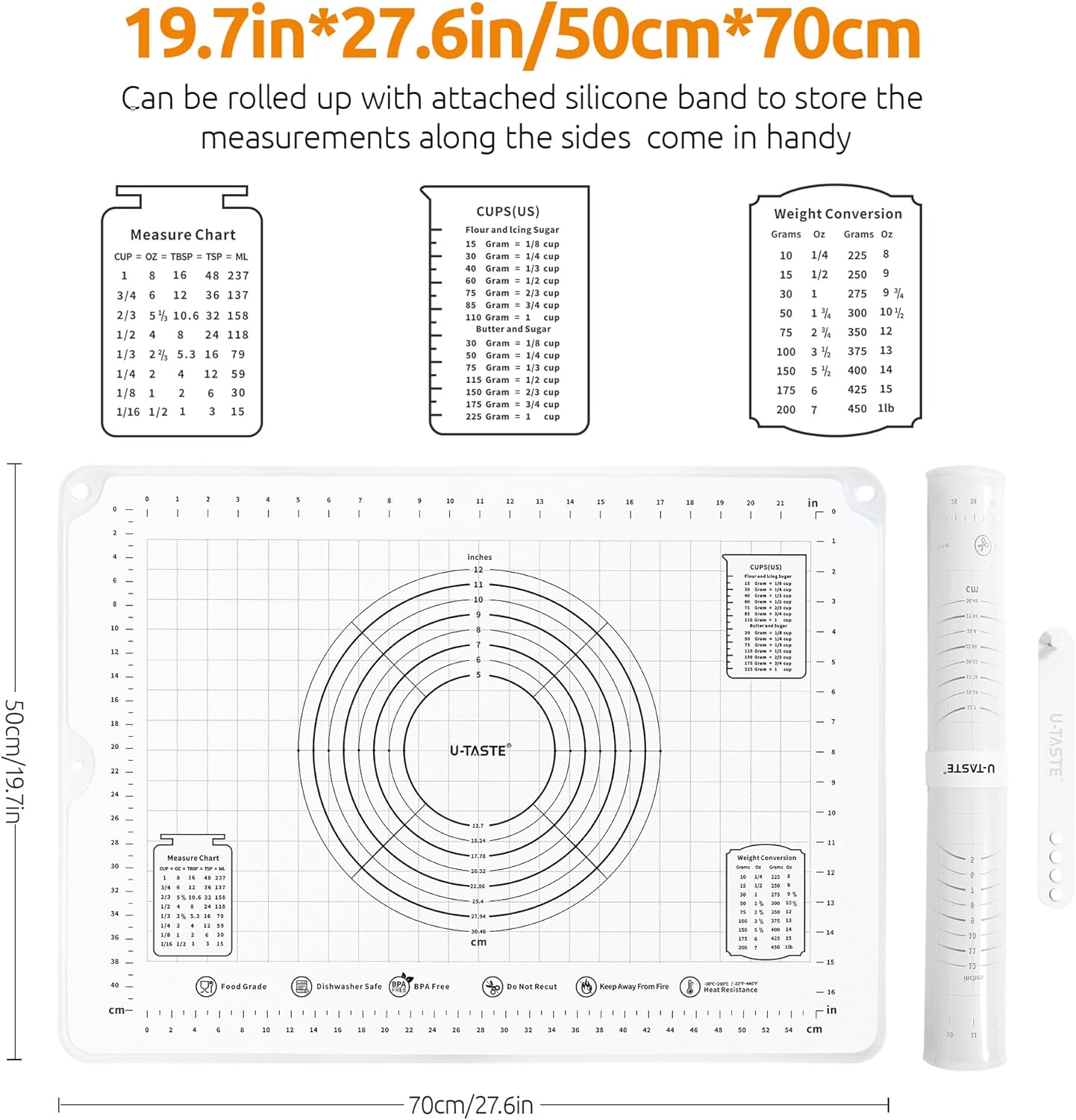 U-Taste 28"x20" Large Pastry Mat: Food-Grade Liquid Silicone Dough Rolling Baking Sheet, Non-Stick Non-Slip for Kneading, Making Pizza, Fondant with Clear Measurement and Raised Edges (Transparent)