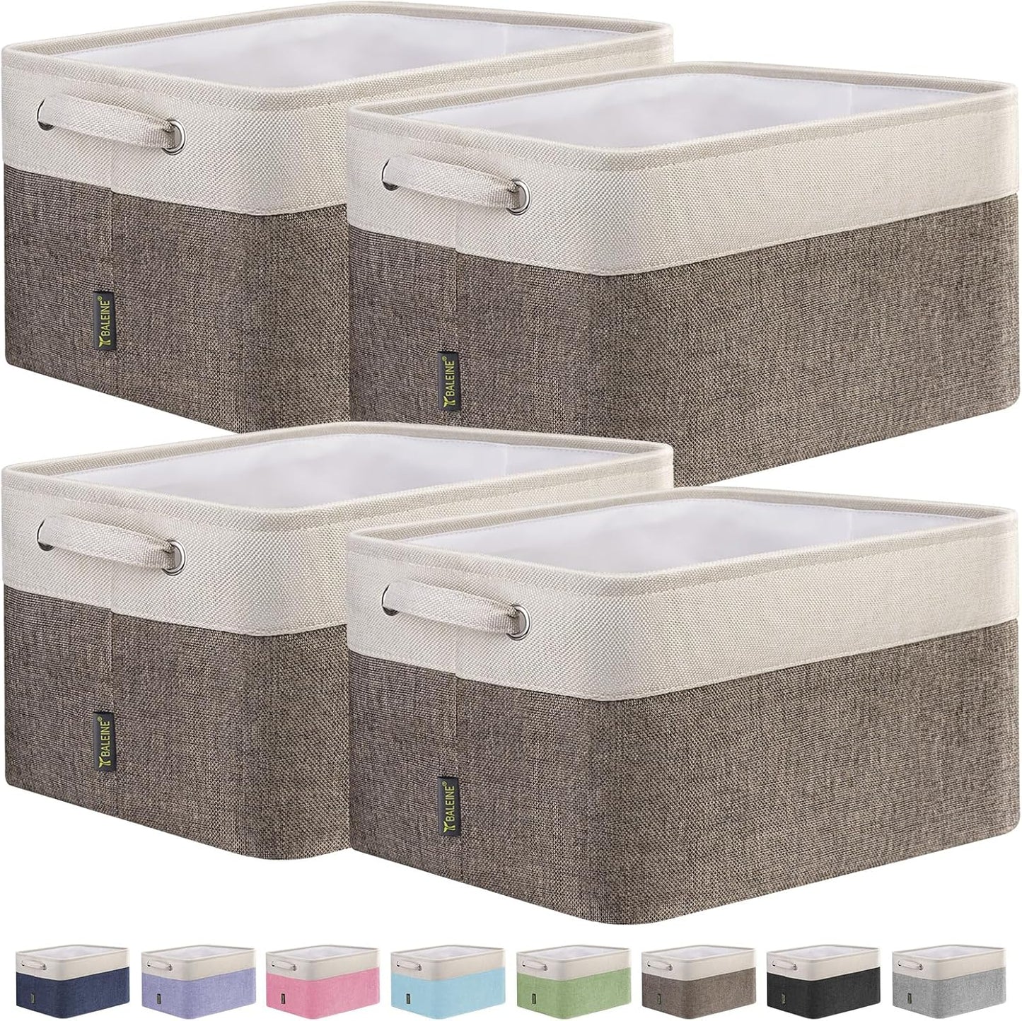BALEINE 4 Pack Fabric Storage Bins for Shelves, Linen Storage Baskets for Organizing, Decorative Closet Bins for Clothes, Home (Brown, 15"x11"x9.5")
