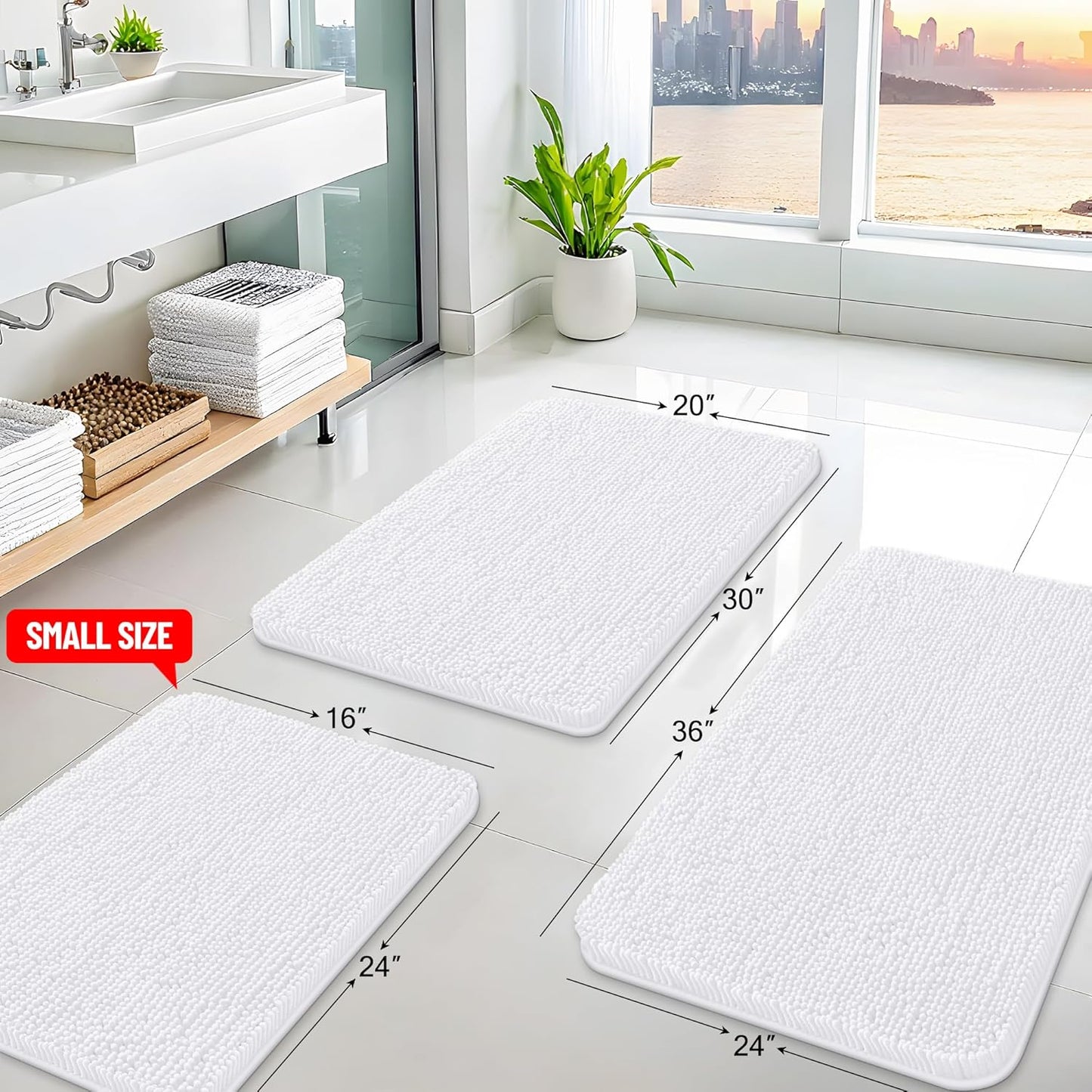 Arotive Bathroom Rugs 36x24, Extra Soft Absorbent Shaggy Chenille Bath Rugs, Machine Washable Rubber Backing Non-Slip Bath Mats for Bathroom Floor Tub and Shower, Home Decor Accessories, White