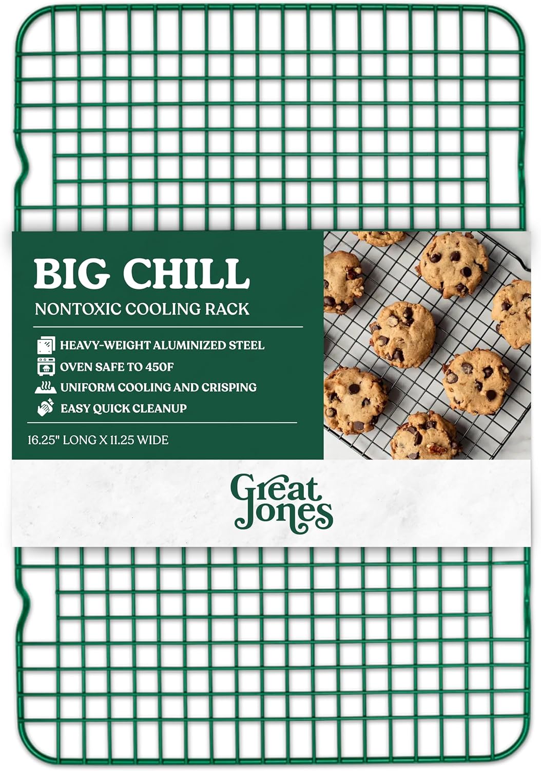 Great Jones Big Chill Wire Cooling Rack (Broccoli) – 16.9" × 11.4" Heavy-Weight Aluminized Steel,Nonstick Baking Rack – Oven Safe 450 °F, Bacon & Cookie Cooling Rack – Fits Half Sheet Pans